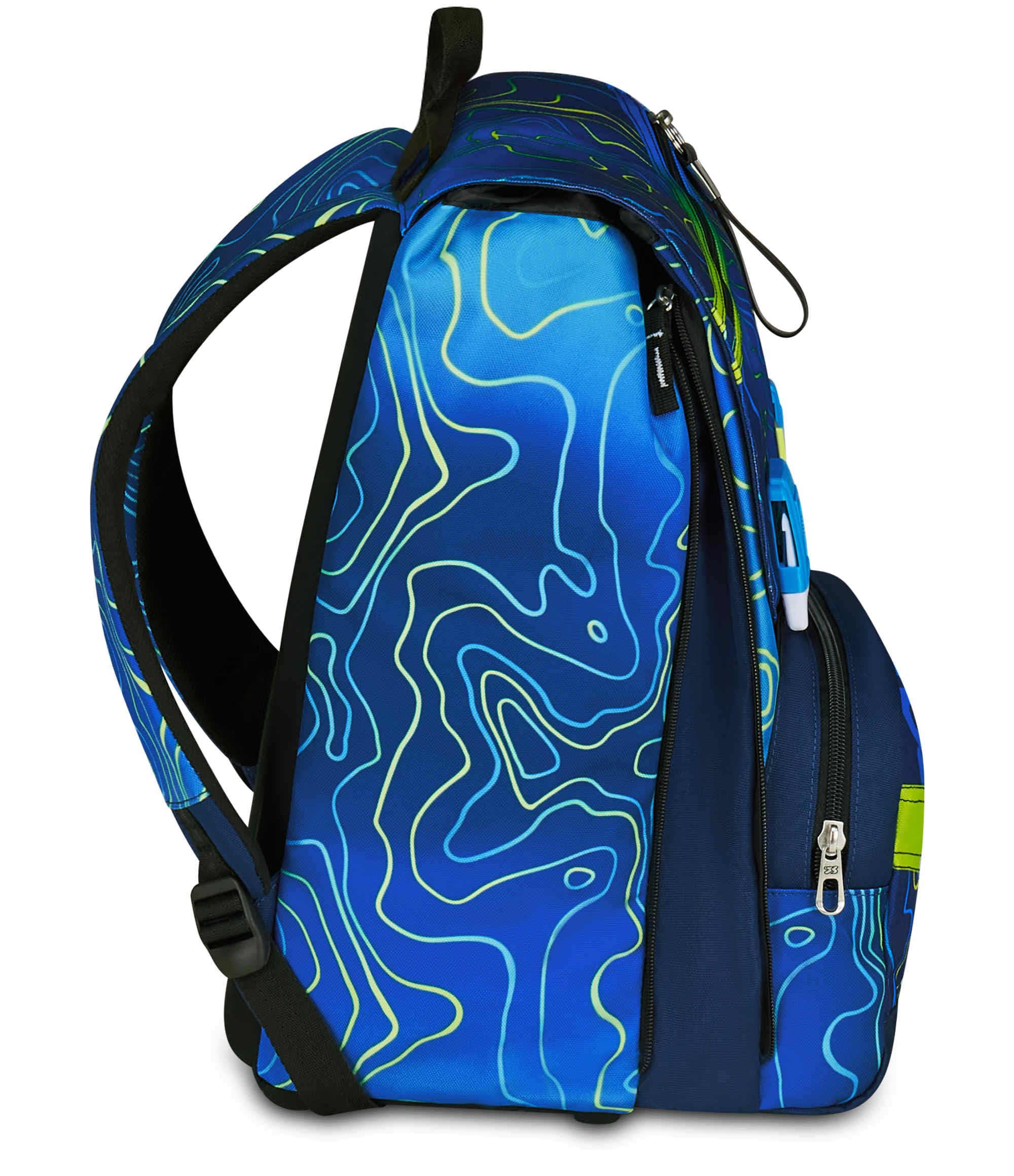 Seven Zaino Doppio Scomparto Estensibile Seven, Blu, Schienale Preformato, Bambino Scuola + Astuccio 3 Zip, Completo di Matite, Pennarelli, Colori, Elementari, Medie, Superiori,