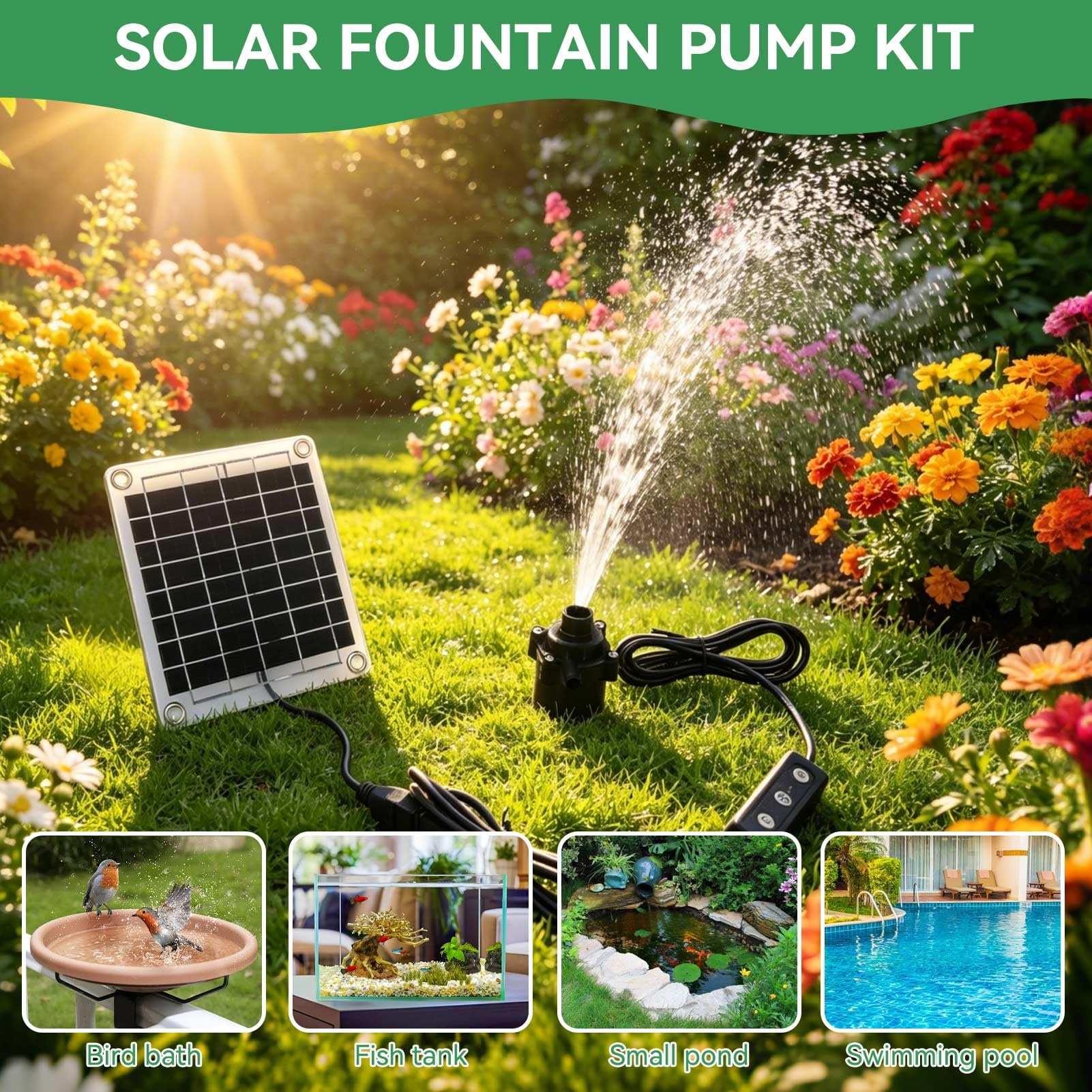 Bomba De Fuente Solar, 20W DC 12 V Panel Solar Bomba De Agua Kit De Fuente Sumergible Ajustable Con Elevación De Agua De 5 Metros/16.4 Pies Para Bañera De Aves Riego De Peces Estanque De Jardín