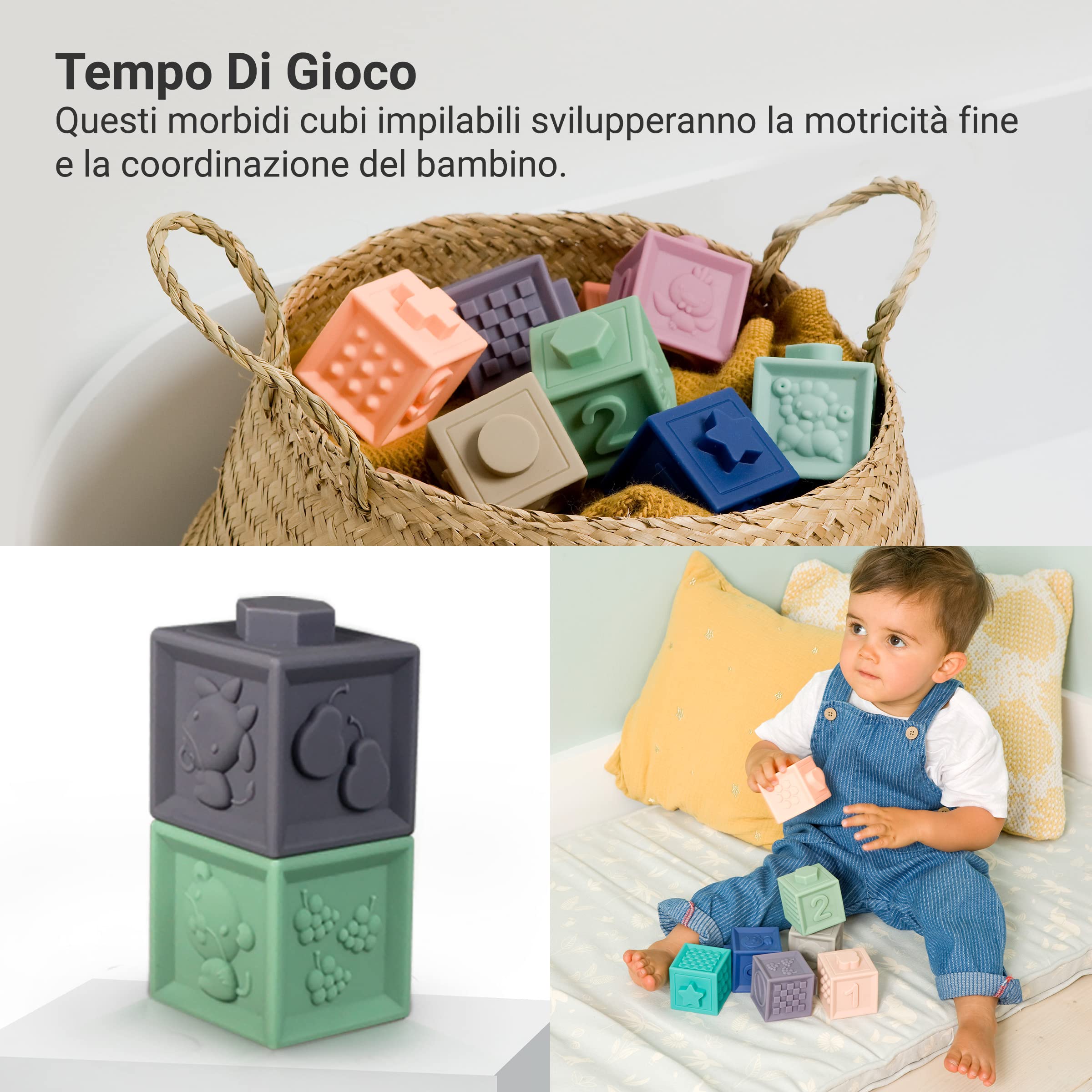 BabyToLove cubi educativi sensoriali | Cubi impilabili morbidi Montessori neonato 0-12 mesi | Giochi montessori 6 mesi per motricità fine e apprendimento | Gioco educativo prima infanzia
