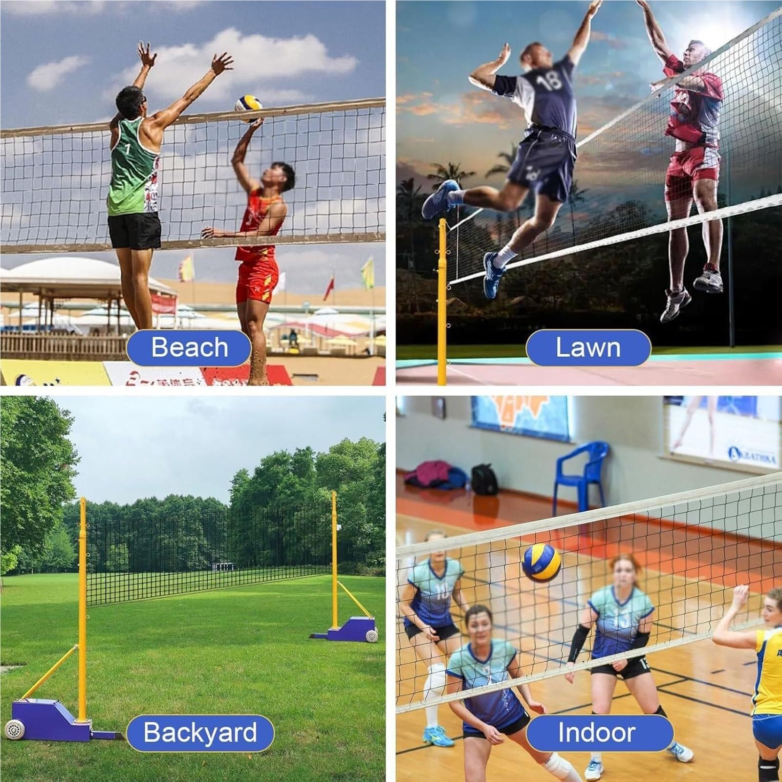 Set portatile per pallavolo e badminton con pali regolabili (1,55-2,1 m), supporto in rete in acciaio con ruote, rete sportiva per interni ed esterni, per adulti e bambini