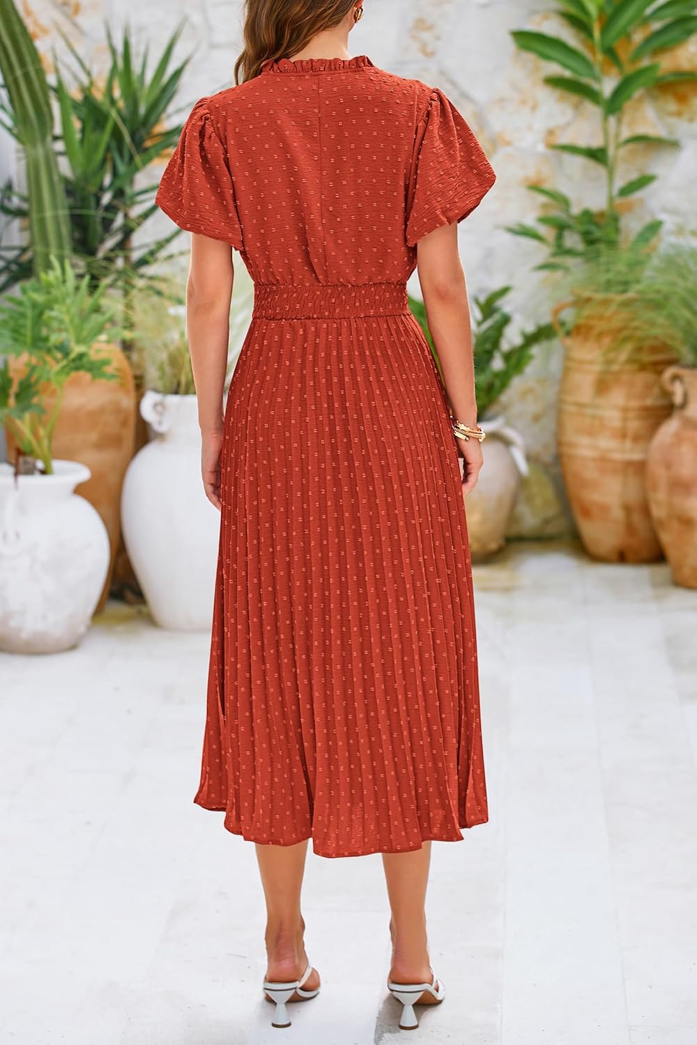 PRETTYGARDEN Womens Summer Midi Dresses Puff Short Sleeve V Neck Swiss Dot Pleated A Line Flowy Long Wedding Guest Dress - (color: Brick Red, size: X-Large)