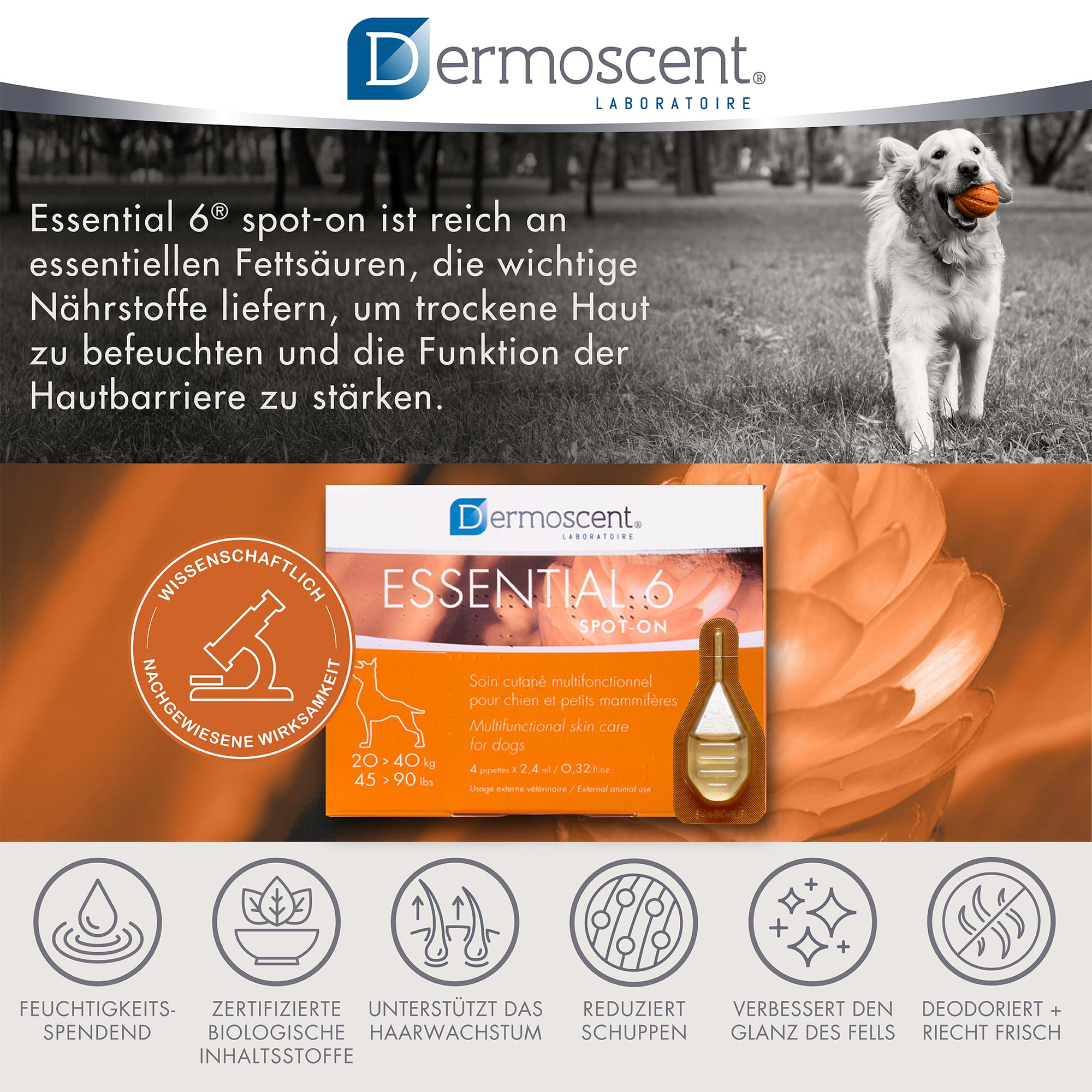 Innovative Hautpflegelösung für Hunde und kleine Haustiere | Feuchtigkeitsspendend, glänzend, kontrolliert Haarausfall, reduziert Gerüche und schützt mit natürlichen Inhaltsstoffen | 20-40 kg