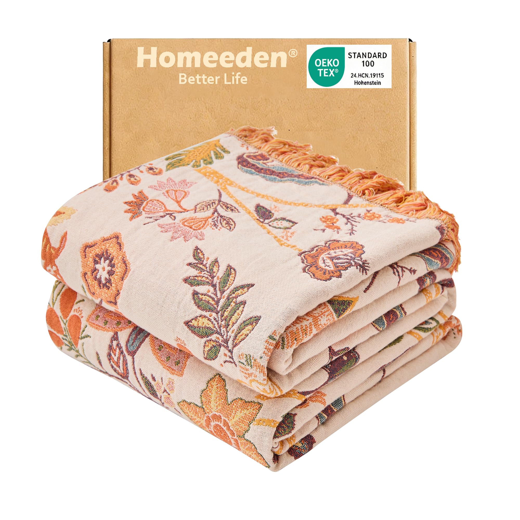 Homeeden 100% Natural Premium Cotton Sofa Throw Blanket, Breathable Cozy Large Soft Bed Throw Blanket,Floral Muslin Bohemian Throw for Armchair 2 3 Seater Sofas Settees -150x200cm — image 1