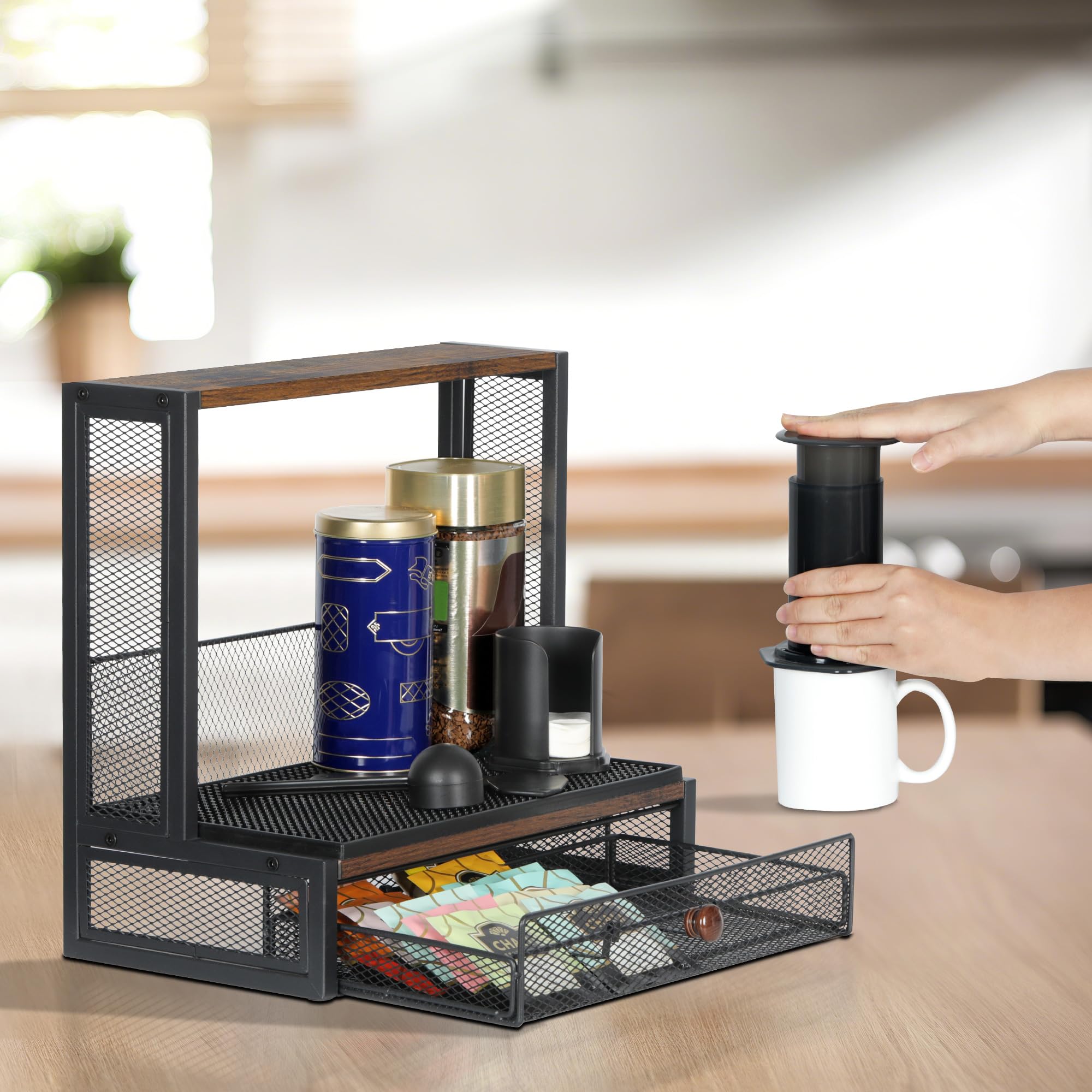 TQVAI Organizer per bar, compatibile con modelli originali/Go/XL, include tappetini antigoccia, stazione caffè da banco con cassetto scorrevole per controllo del flusso, nero/antico