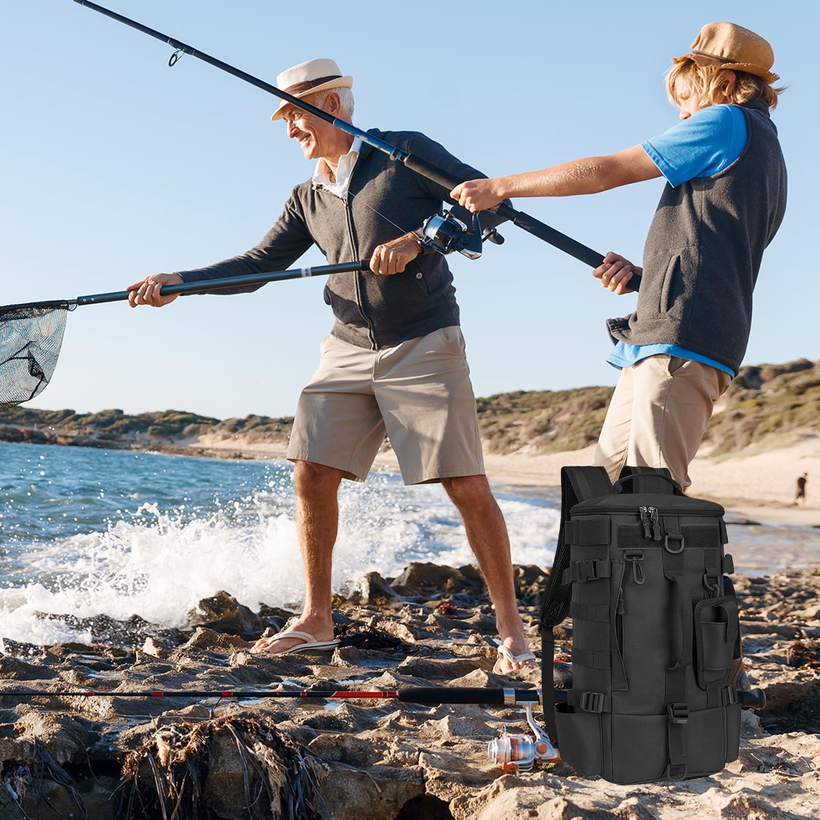 Mochilas de pesca con soporte para cañas: 45 x 16 x 23 cm, mochilas al aire libre impermeables, color negro, multifunción, mochila militar para camping