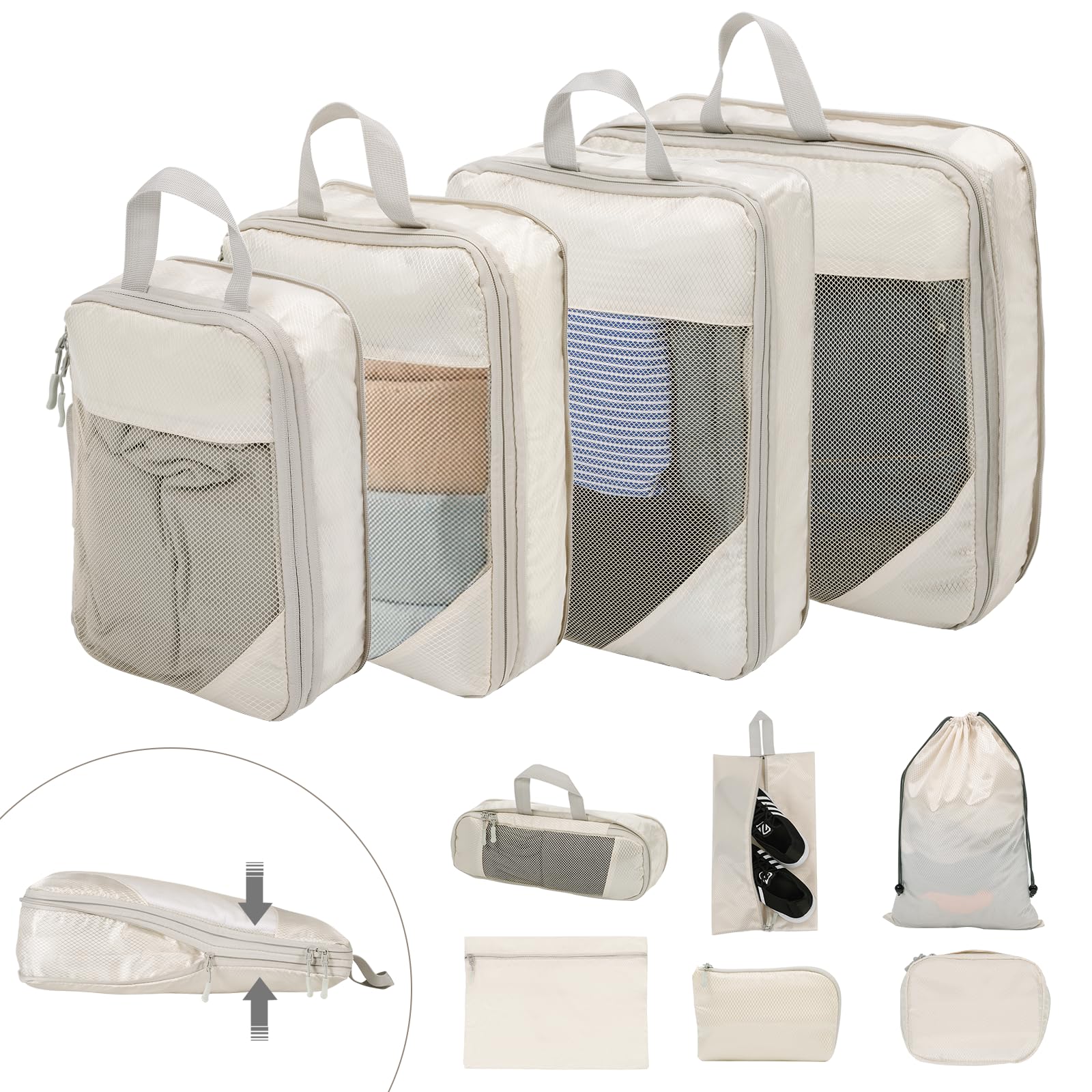 BillyBath Koffer Organizer set 10-teilig, Packing Cubes, Kleidertaschen Schuhbeutel Reiseorganizer Packwürfel Kosmetik Travel Organizer Packtaschen für Koffer (Beige)