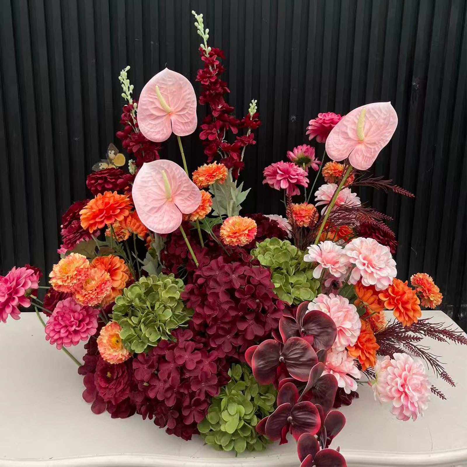 Burgundy Orange Pink Artificial Silk Flowers Combo, Fake Floral Arrangement with Pink Anthurium, Dahlias, Hydrangeas for Wedding Centerpieces, Bridal Shower (Floor Flower,70cm)