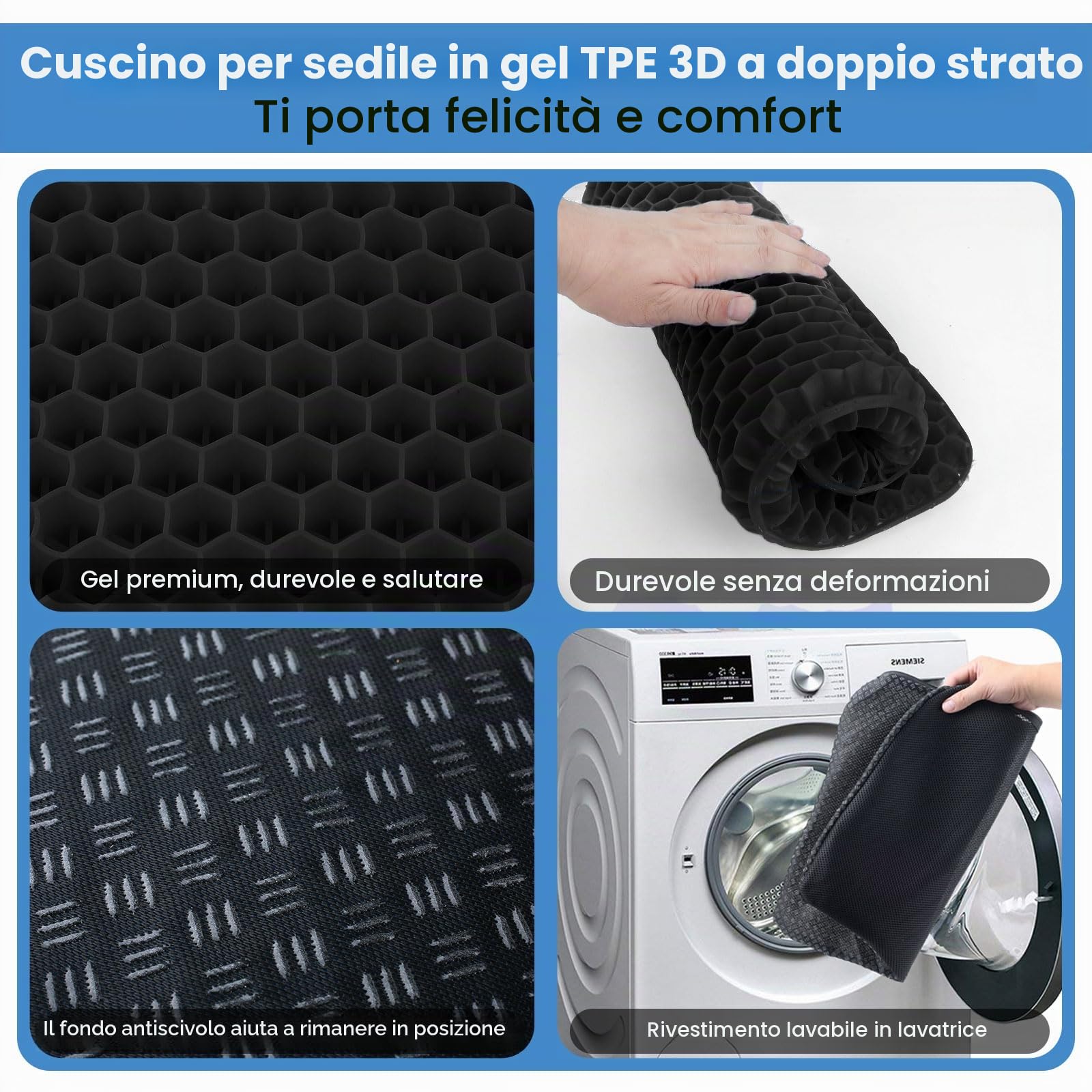 cuscino gel per sedia, Cuscino In Gel, Cuscino per Coccige, Cuscini per Sedie Traspiranti per Auto/Ufficio/Casa/Sedia a Rotelle (Nero, 43 * 39 * 4)