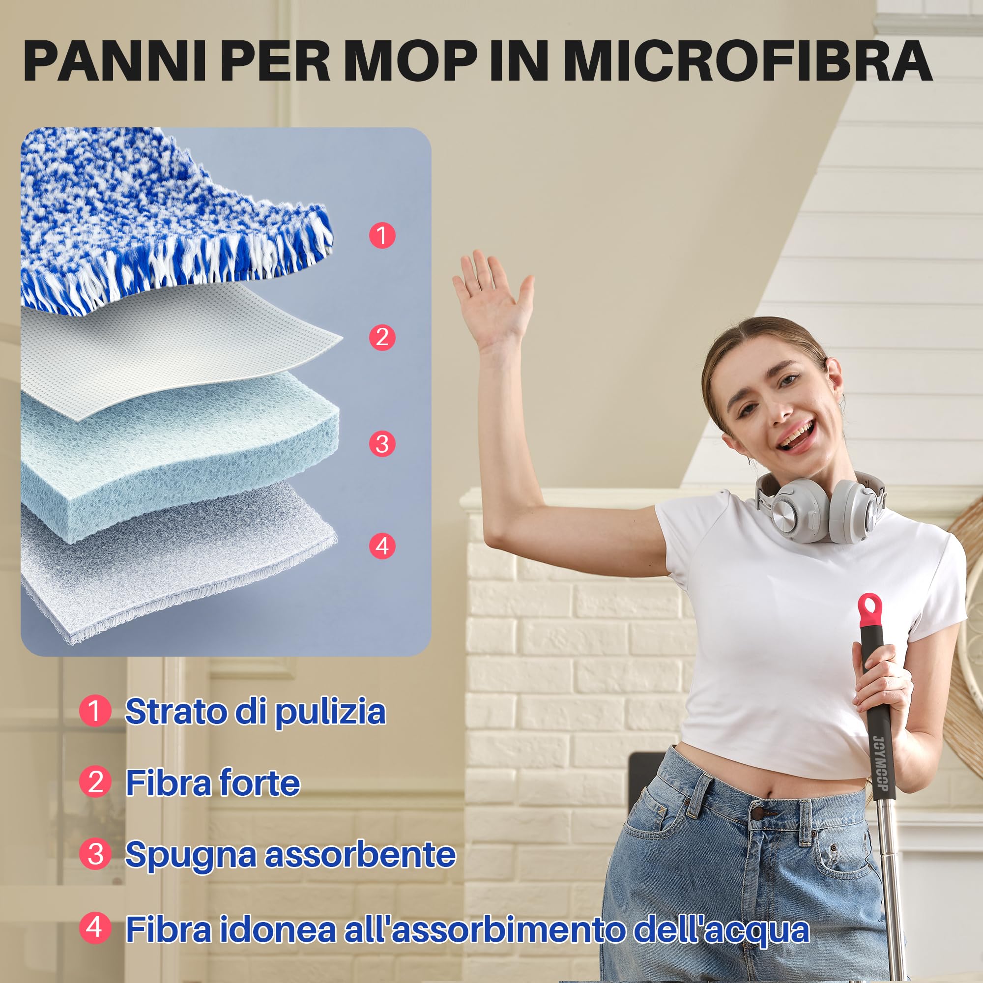 JOYMOOP set mocio lavapavimenti e secchio con strizzatore, 4 panni in microfibra lavabili, uso a secco e umido, sistema pulizia pavimenti - Nero + Rosso + Blu Ardesia