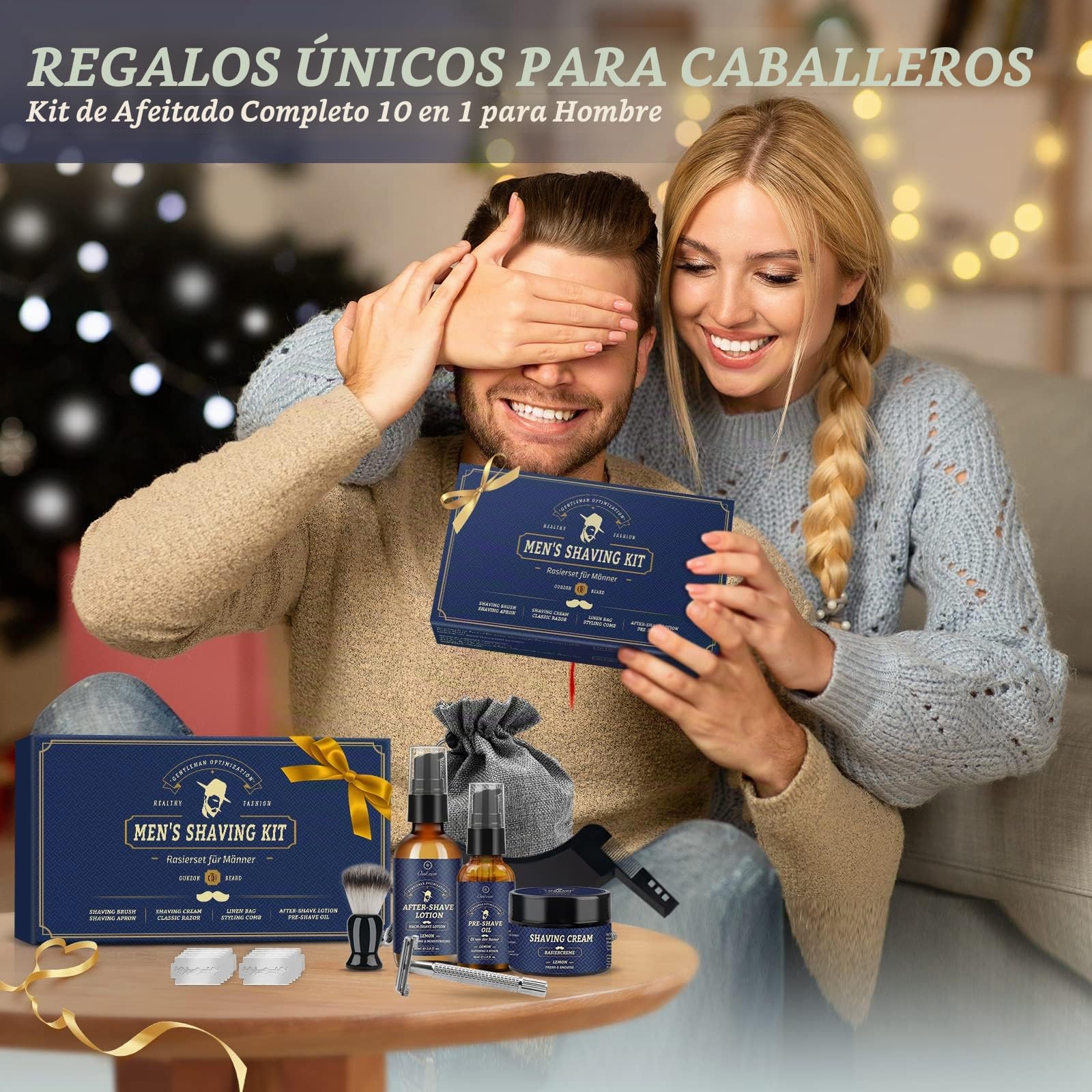 Kit Barba Cuidado Barba Hombre, Set Afeitado Hombre con Aceite Barba, Crema de Afeitar, Loción de Cuidado, Cepillo, Peine, Babero, Afeitadora Clásica y 10 Hojas, Mejor Regalos para Papa y Novio