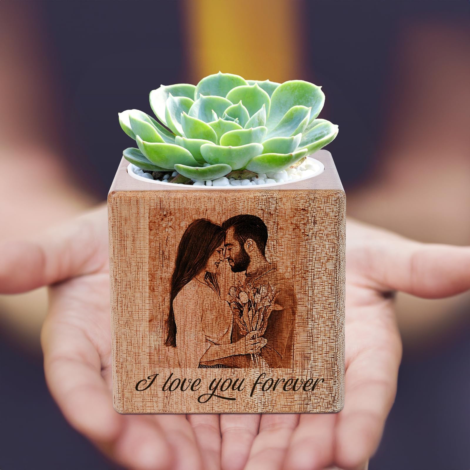2win Flower Box Personalized Planter Memorable for Anniversary Ideas Gifts Custom Natural Wood Flower Box Personalized Pots with Engraved Photo as Gifts for Him/Her (Customize Picture & Names)