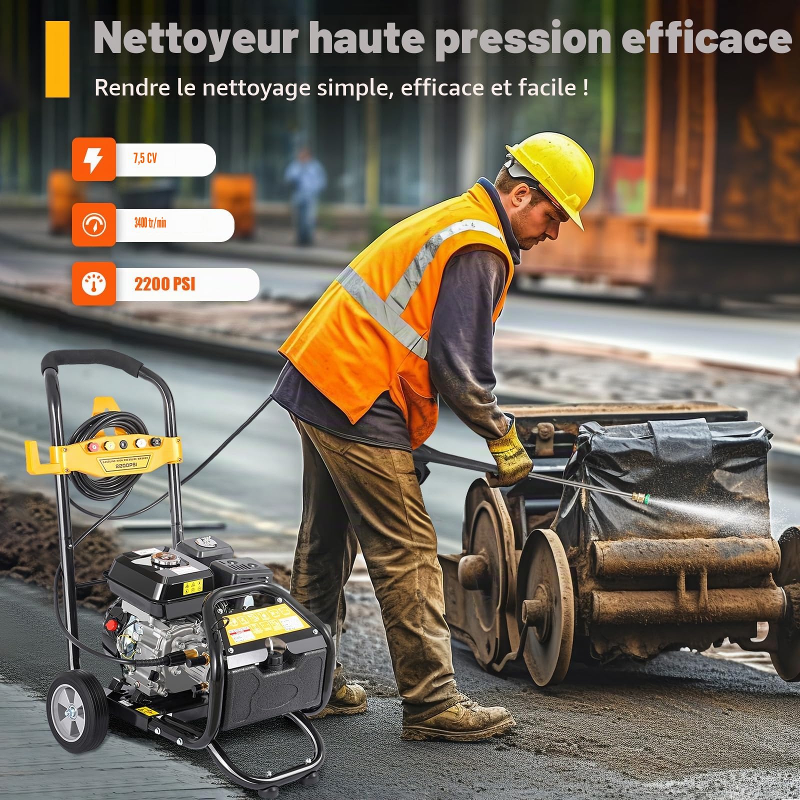 DIFU Nettoyeur Haute Pression Thermique Max 200 Bar 2465 PSI, Moteur OHV 4 Temps 7,5 CV, Nettoyeur Auto Professionnel, Utilisation Continue Intensive, avec 5 Buses et Tuyau 10 m pour Terrasse