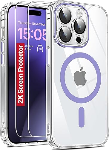 Funda transparente diseñada para iPhone 15 Pro, 2 protectores de pantalla, 30 x antiamarilleo, compatible con MagSafe, protector de cámara