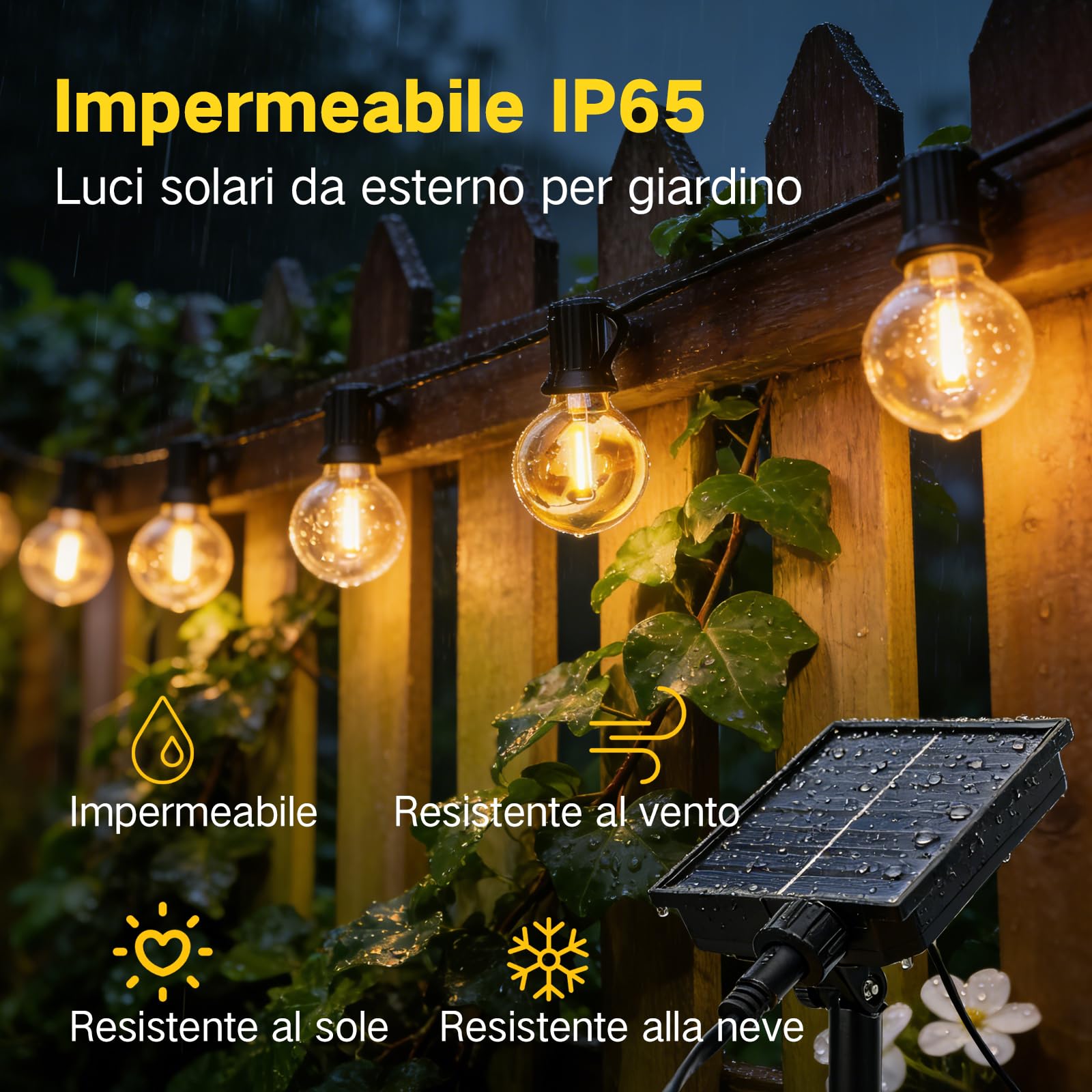 Catena Luminosa Esterno Solare 15M, Luci Solari da Giardino con Telecomando, 17+1 Lampadine LED G40, IP65 Impermeabile, Dimmerabile, Lucine Esterno Energia Solare per Patio Balcone Gazebo Matrimonio