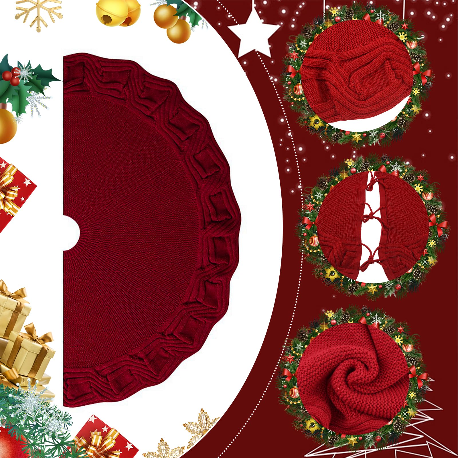 90 cm Jupe de Sapin de Noël Tricoté Rond Jupe d'arbre Sapin Noel pour Fournitures de Décoration Intérieure et Les Décorations de Fête Noël (Rouge)