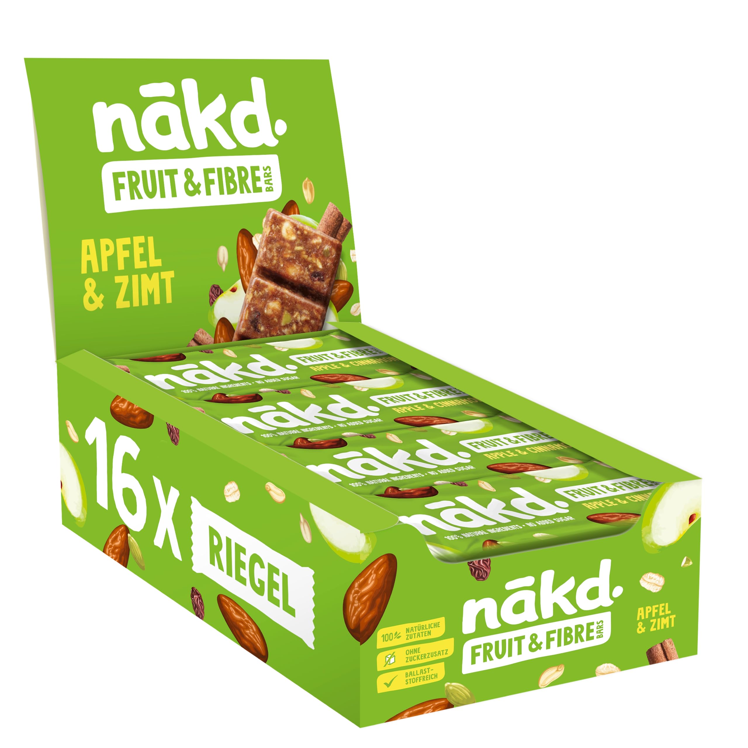 nākd. Fruit & Fibre Riegel | Apfel & Zimt | Reich an Ballaststoffen | 100% Natürliche Zutaten | Ohne Zuckerzusatz | Vegan | 16 x 44g Riegel | 704g