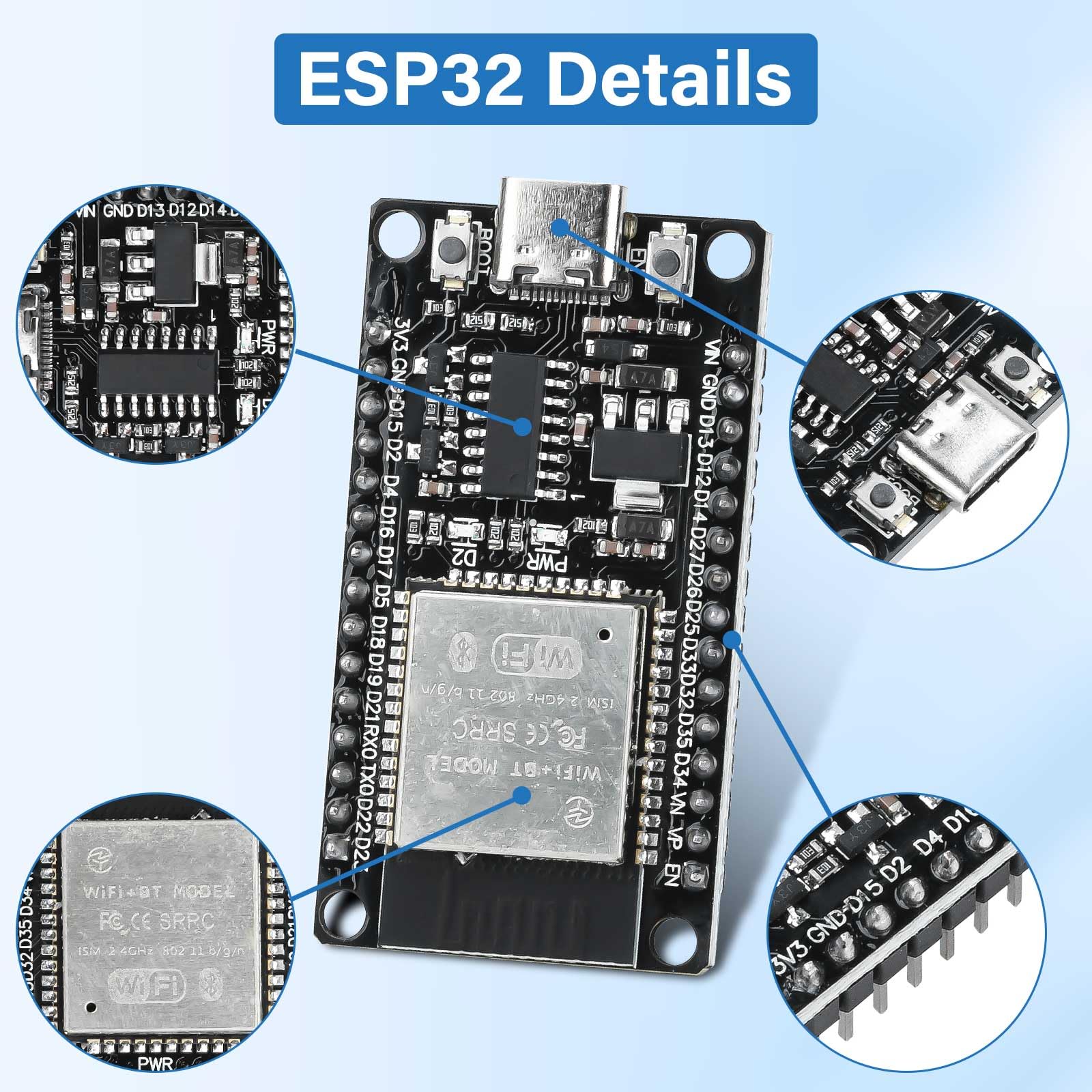Diymore ESP32 NodeMCU Carte de développement USB C 2.4 GHz WiFi Bluetooth CH340