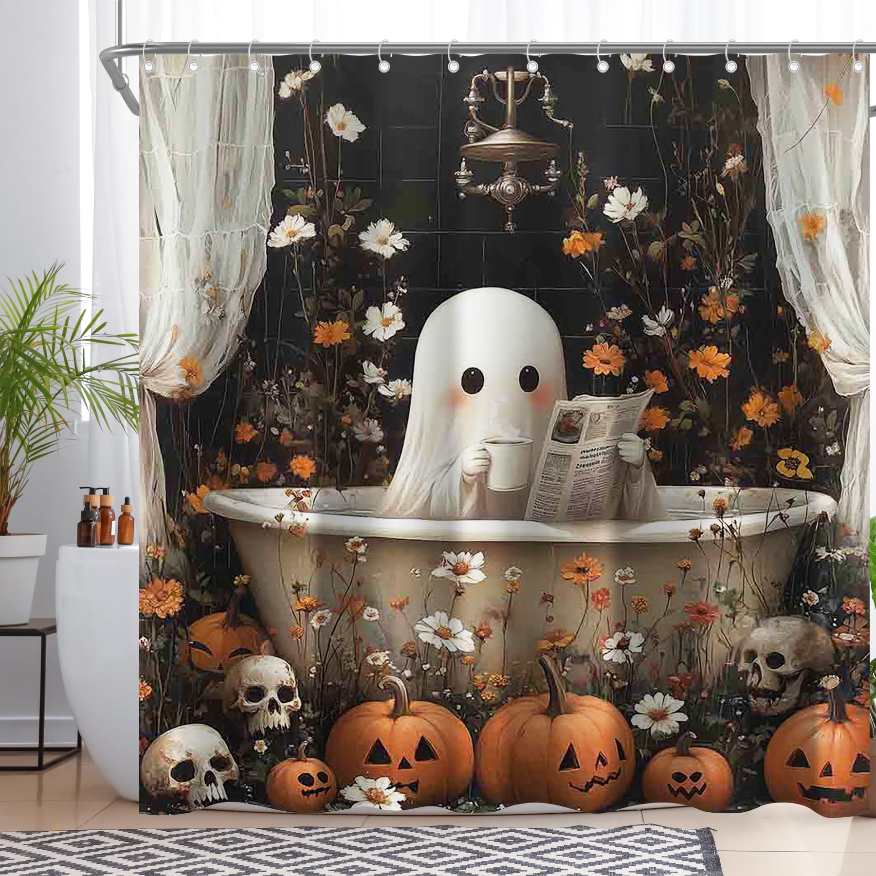 YCUCUEI Halloween Cute Ghost Shower Curtain for Bathroom Colorful Floral DaisyTub Skull Pumpkin Lantern Home Decorations Sets with 12 Hooks Waterproof Polyester 72