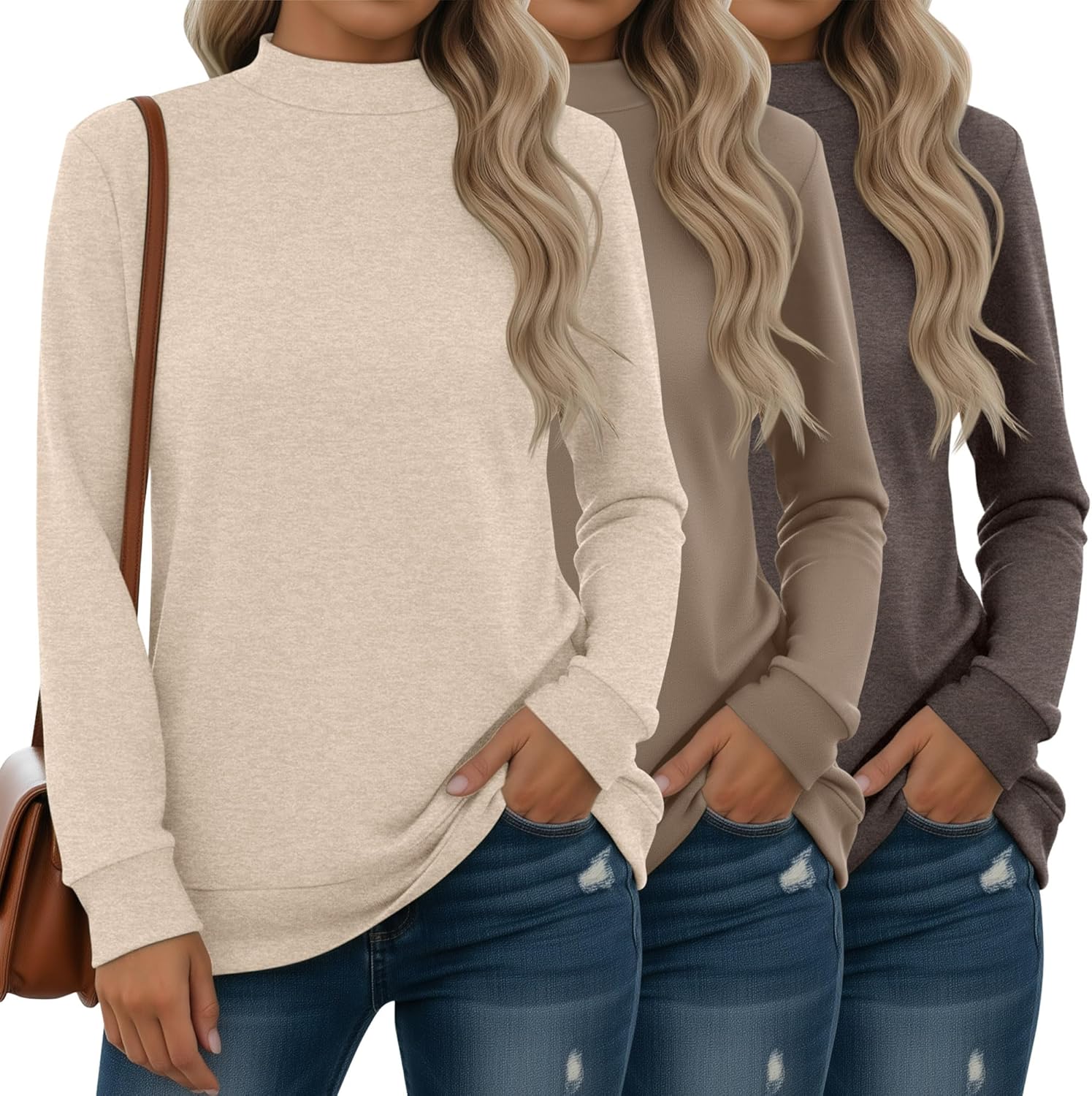 3 Pack Women's Mock Turtleneck Sweatshirts Long Sleeve Cotton Pullover Shirts Tunic Lightweight Loose Casual Tops