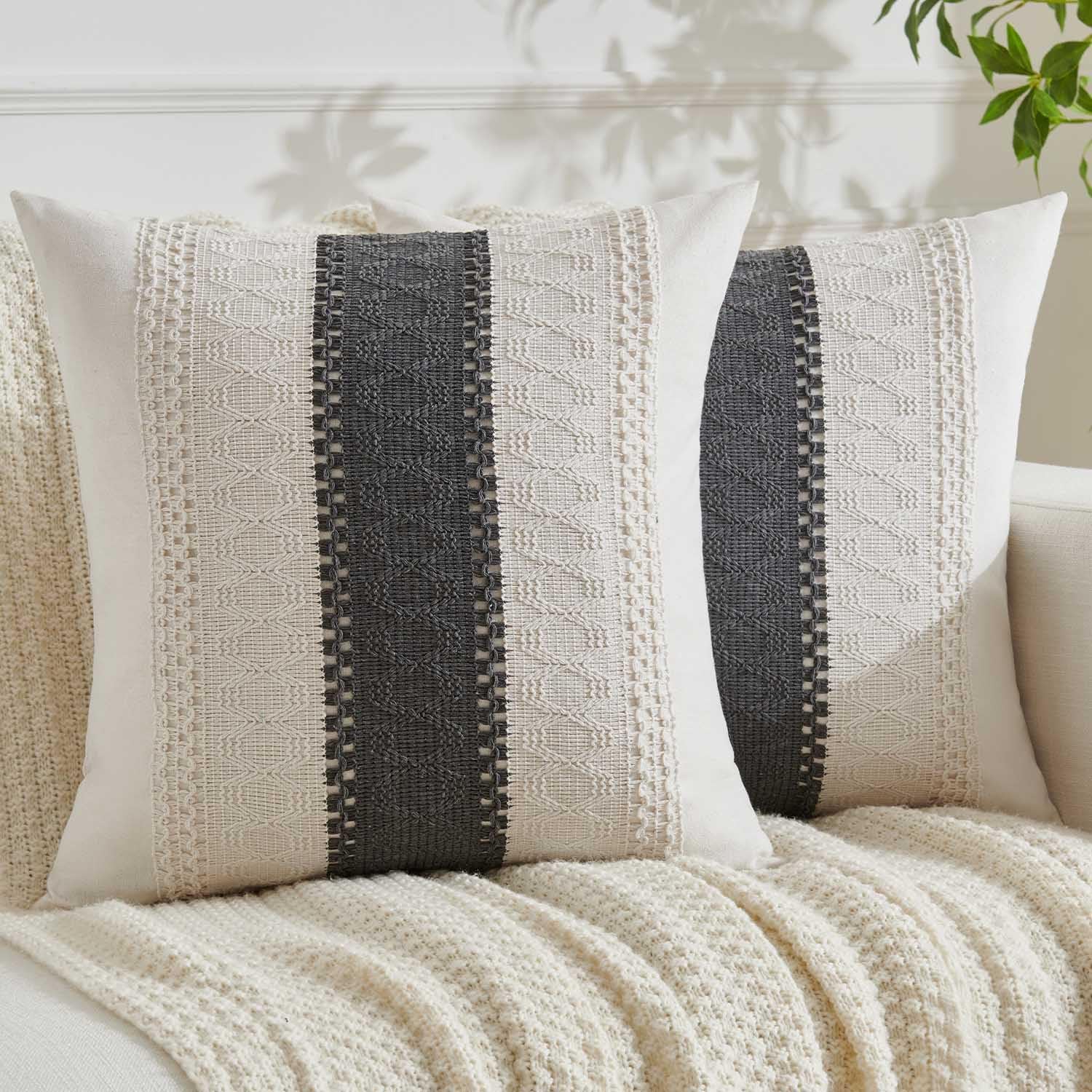 Cushion Covers 40 x 40 Grey Boho Modern Decorative Cushion Cover Bohemian Soft Cotton Linen Pillow Sofa Cushion Square for Sofa, Living Room, Garden, Home Decoration Set 2