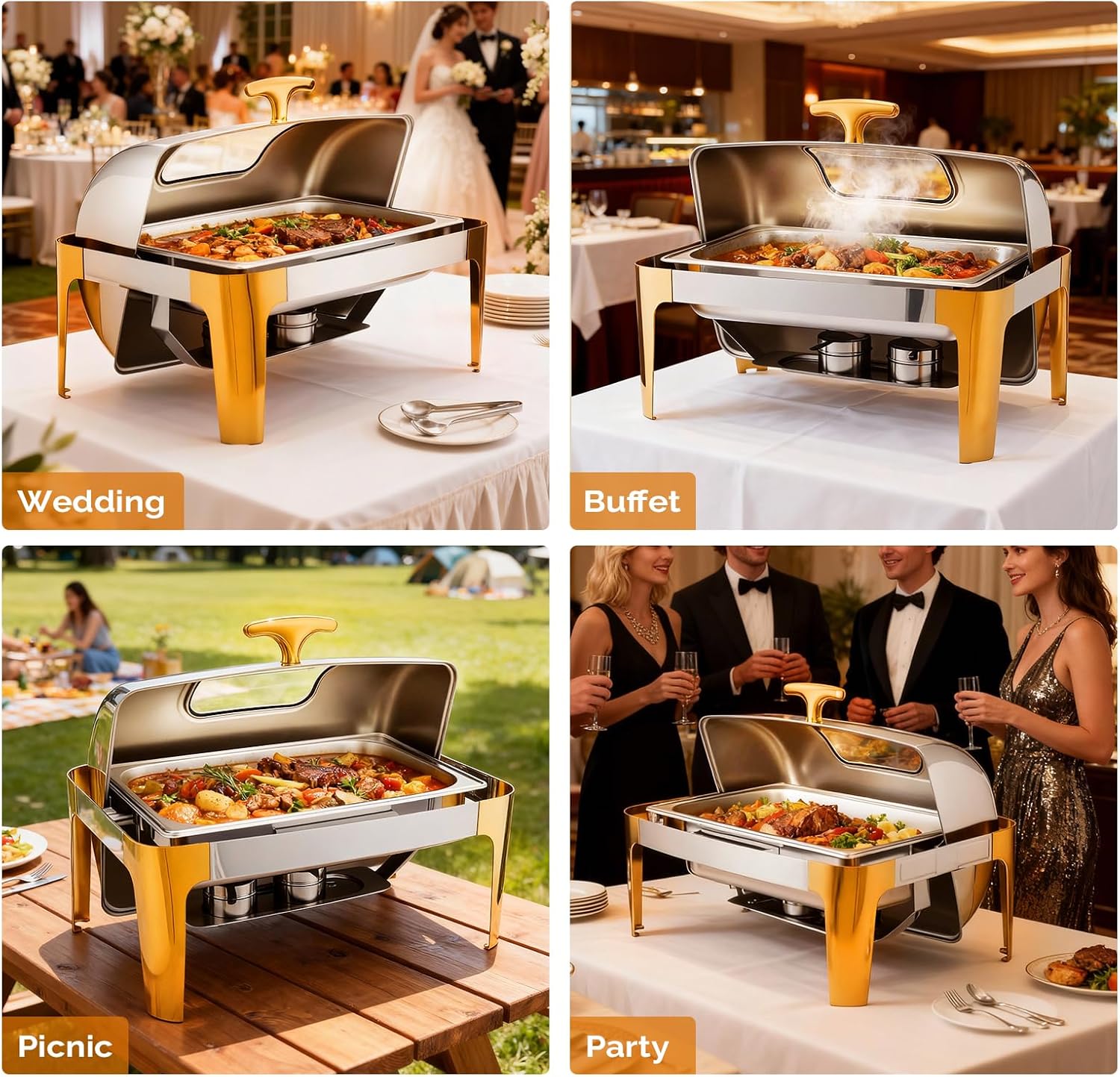 ROVSUN 9QT Chafing Dishes for Buffet, Roll Top Chafing Dish Buffet Set with Glass Window [Elegant Gold and Silver Colors], Chafers and Buffet Warmers Sets for Parties Weddings Catering Events