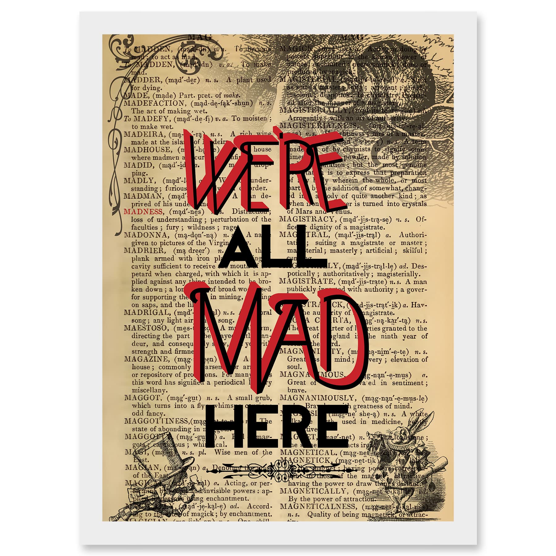 Artery8 Upcycle We're All Mad Here Quote Alice Wonderland Cheshire A4 Artwork Framed Wall Art Print