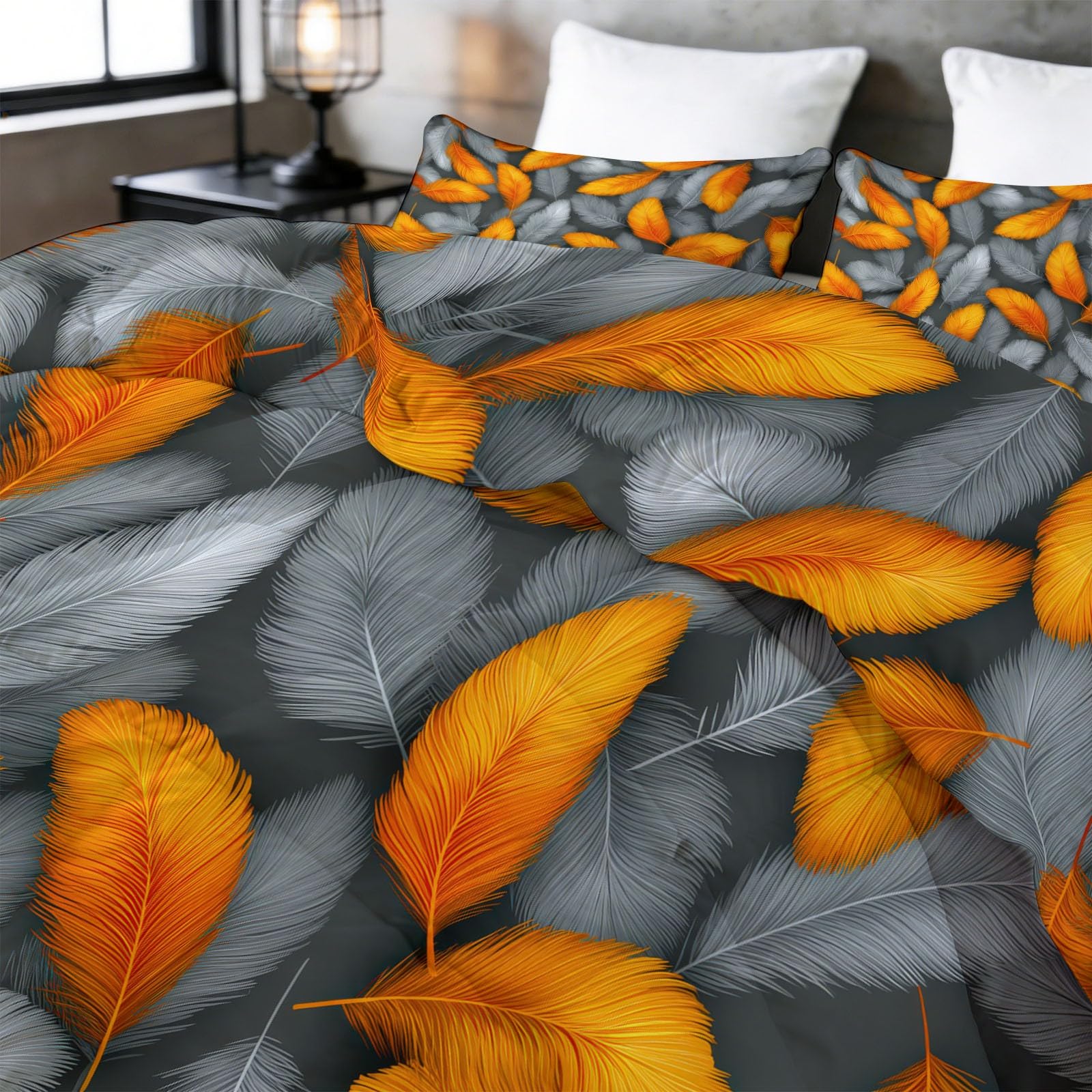Trapunta Matrimoniale o Singola Stampa 3D 150x200 cm piume grigio-arancio Trapunta Set 3 Pezzi con 2 Federe, Piumone Letto 4 Stagioni Trapuntino Traspirante Morbida