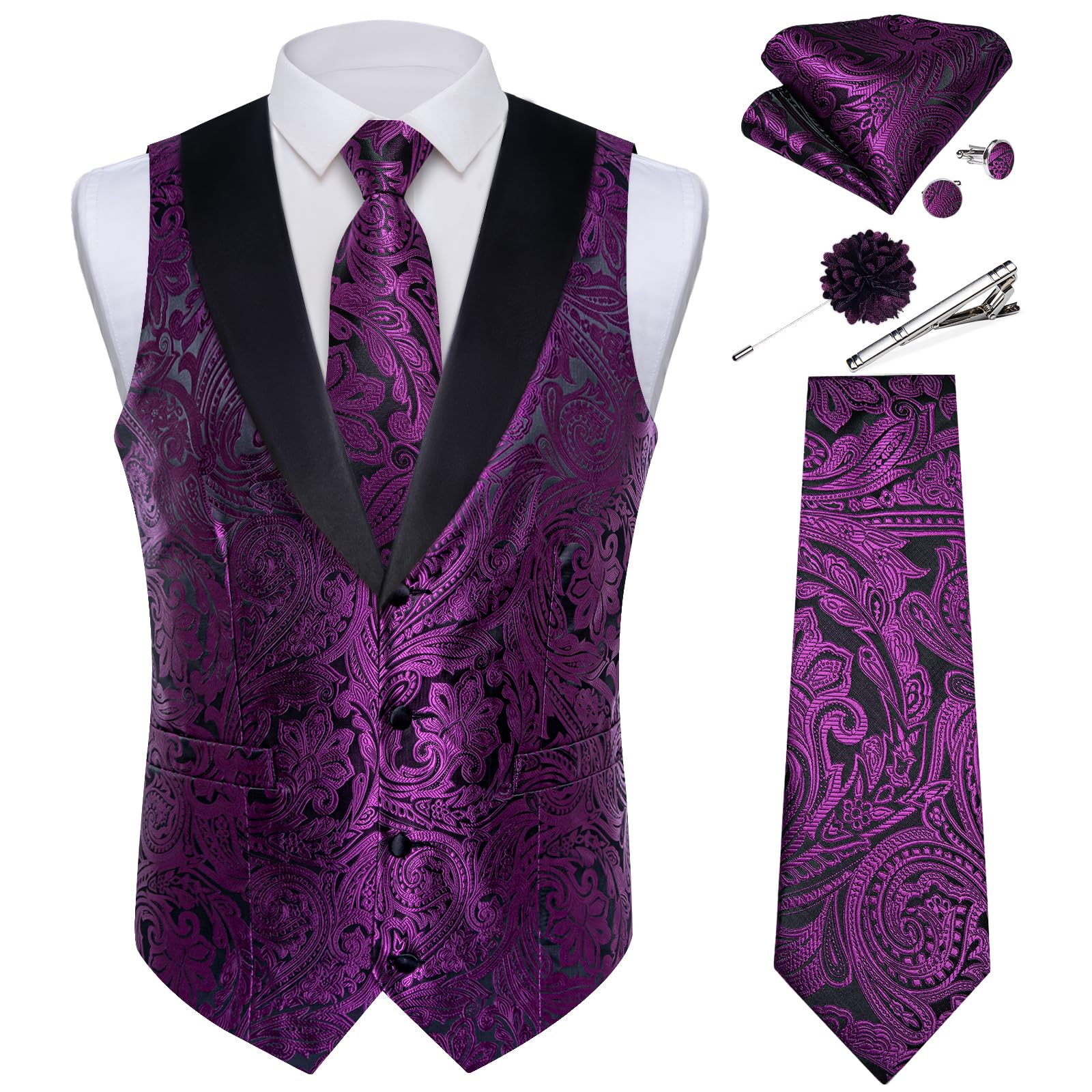 DiBanGu Mens Paisley Suit Vest Silk Jacquard Waistcoat and Necktie Set Formal Shawl Collar Dress Vest 7PCS for Wedding Party
