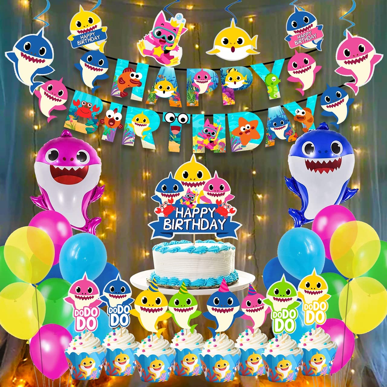 Party Propz Baby Shark Theme Birthday Decorations - 61Pcs Combo | Shark Theme Happy Birthday Banner | Shark Balloons | Cake Toppers For Cake Decoration | Shark Swirls | Baby Shark Birthday Decorations-image-32