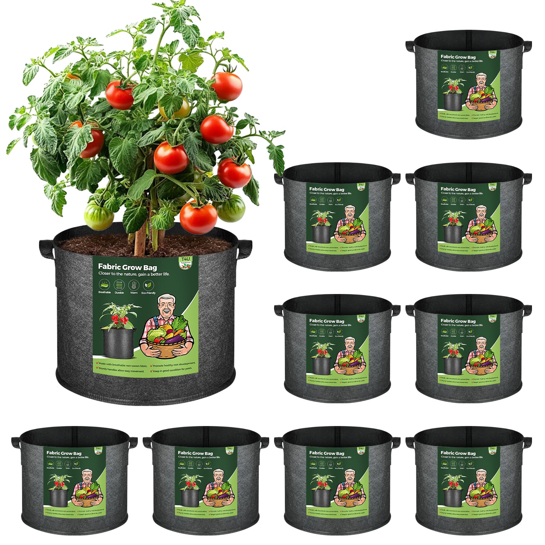 T4U Grow Bags with Handles, 10 Gallon 10 Pack Fabric Grow Bags for Vegetables, Breathable Fabric Pots for UK Gardeners Growing Tomatoes, Potatoes & Courgettes in Patios, Small Gardens or Allotments