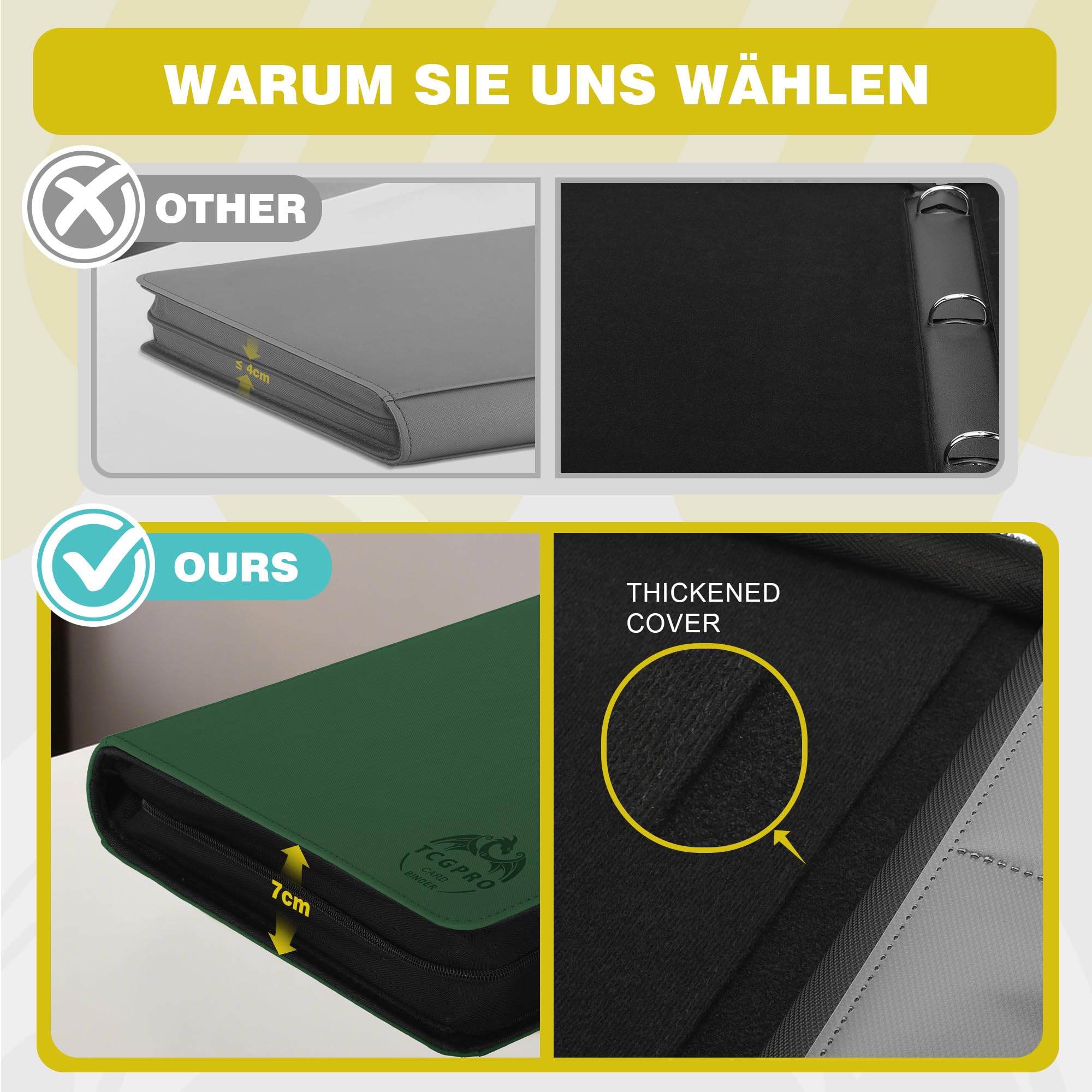 TCGPRO Sammelkarten Album für 1000 Karten, Trading Card Binder mit 16 Kartenfächern pro Seite, Wasserdichte PU-Hülle für Standardgröße-Karten z.B. Sammelkartenspiele, Sportkarten, TCG, Dunkelgrün