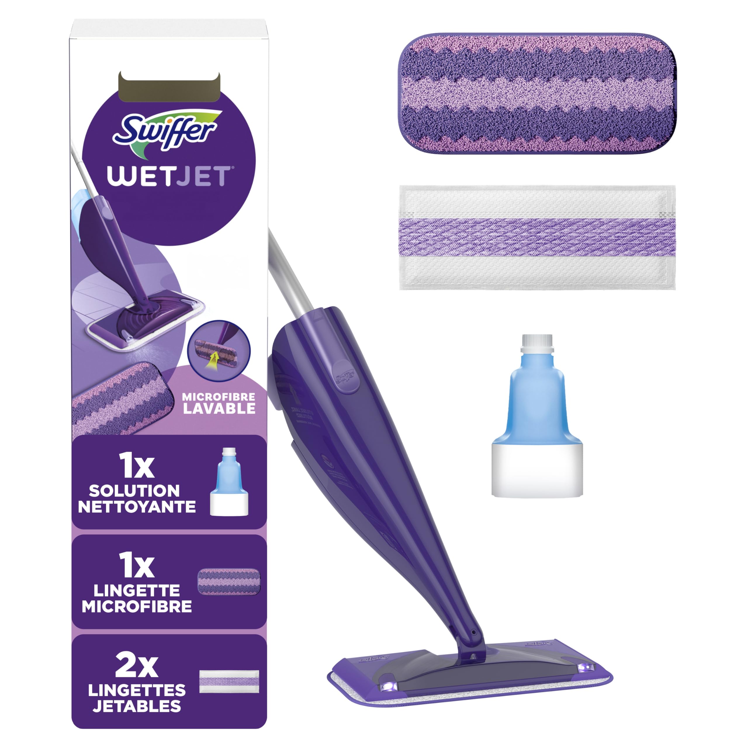 Swiffer Balai WetJet, Kit de Démarrage (1 Balai, 1 Lingette Micro-​Fibre Lavable, Lingettes Jetables, 1 Solution Nettoyante), Élimine la Saleté Sans Traces ni Résidus, Pour Tous Types de Sols