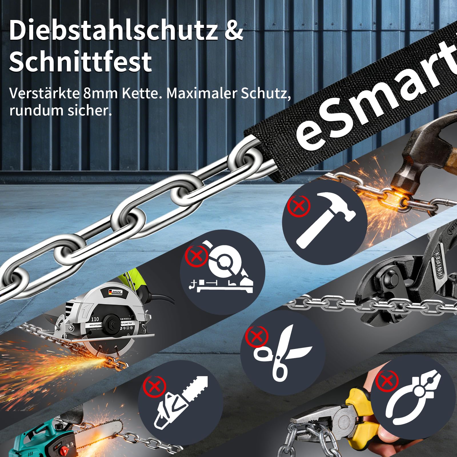 Eseesmart Lucchetto per bicicletta con impronte digitali con chiave, 8 mm, 1000 mm, lungo lucchetto a catena per bicicletta, alta sicurezza, anti-furto, impermeabile, per bicicletta e-scooter