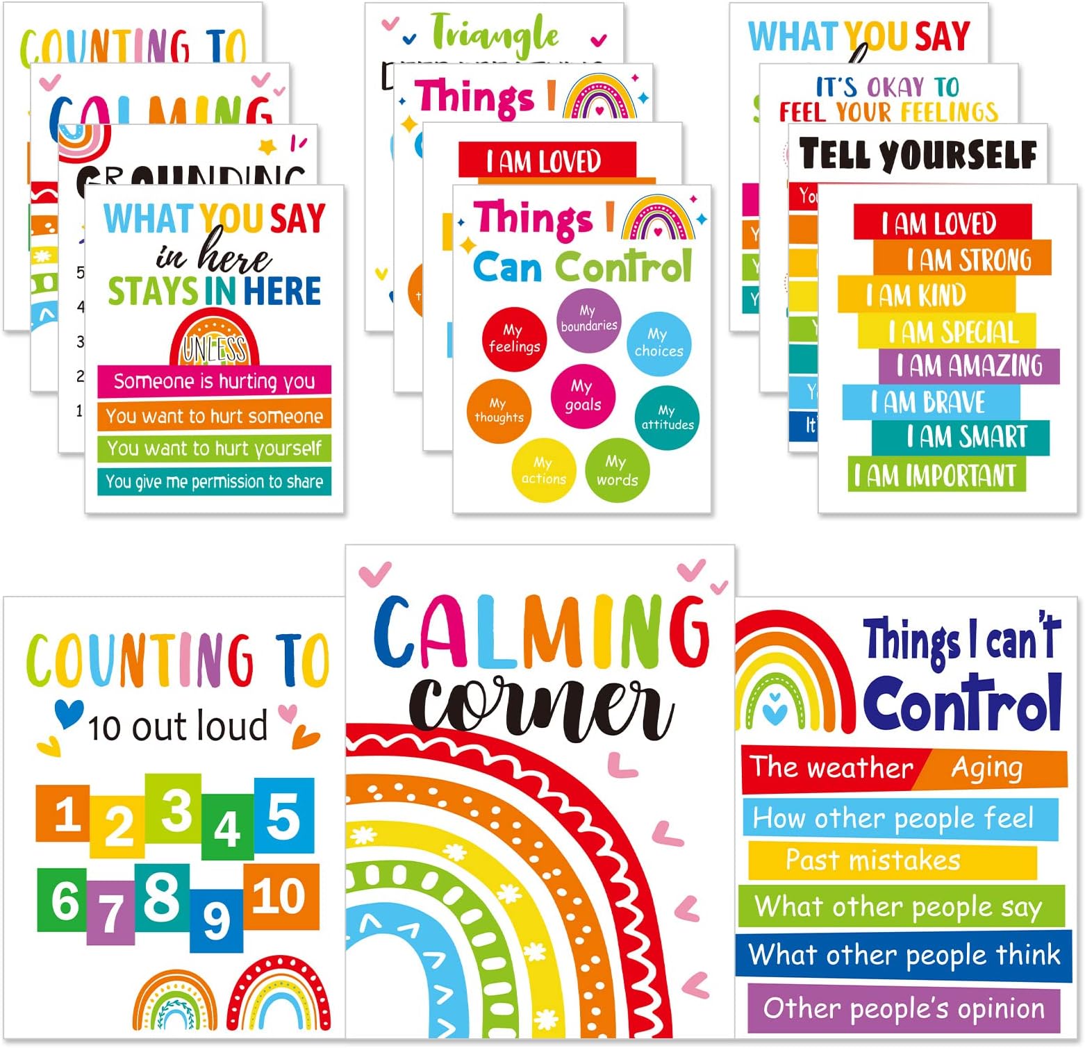 ZOIIWA 12pcs Colorful Calming Corner Classroom Poster Preschool Classroom Bulletin Board Feelings Chart for Kids Calm Down Corner Classroom Decorations Educational Therapy Posters for Wall Decor
