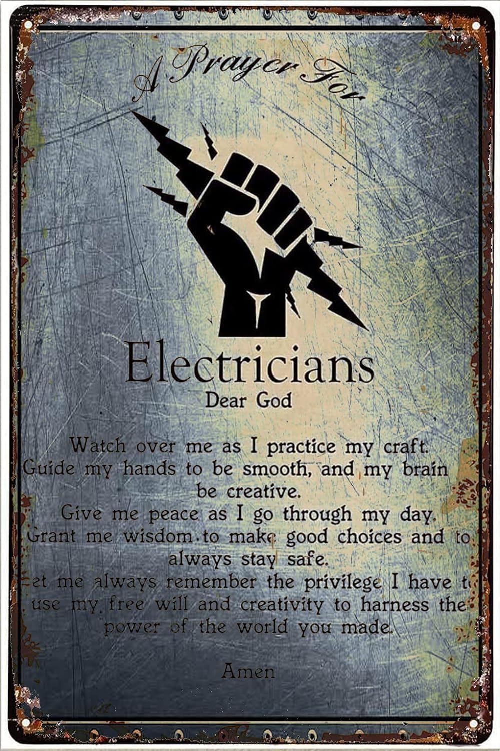 Anceky Style-1 Electrician Tin Sign A Prayer For Electrician Retro Poster Cafe Bar Living Room Bathroom Kitchen Home Art Wall Decoration Plaque 8X12 Inch