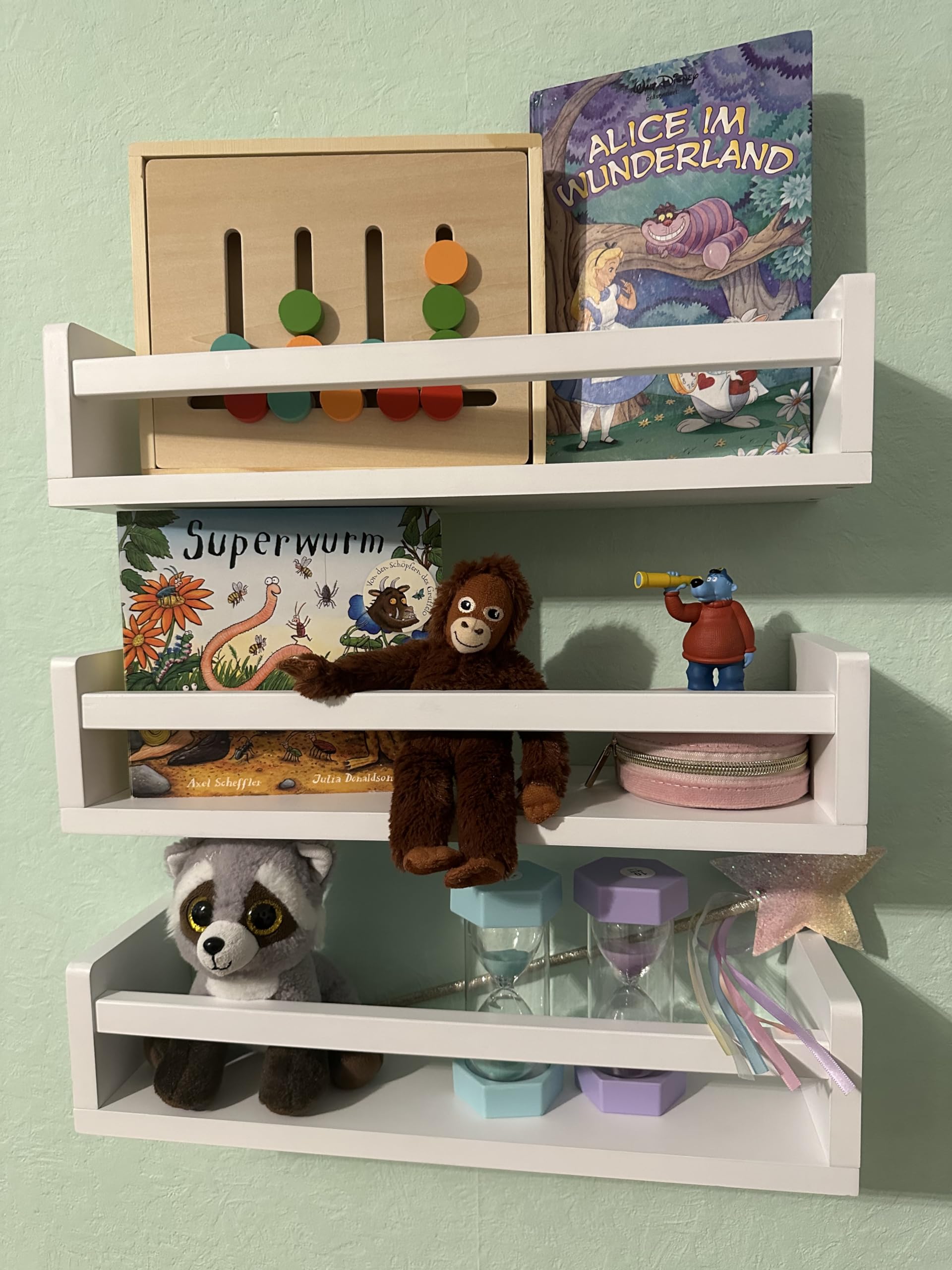 MaLa - 3er Set weiße Bücherregale aus Massivholz – Schweberegal Kinderzimmer Badezimmer Küche Wohnung – Montessori Wandregal für Spielzeug Bilder und Bücher | Abgerundete Ecken