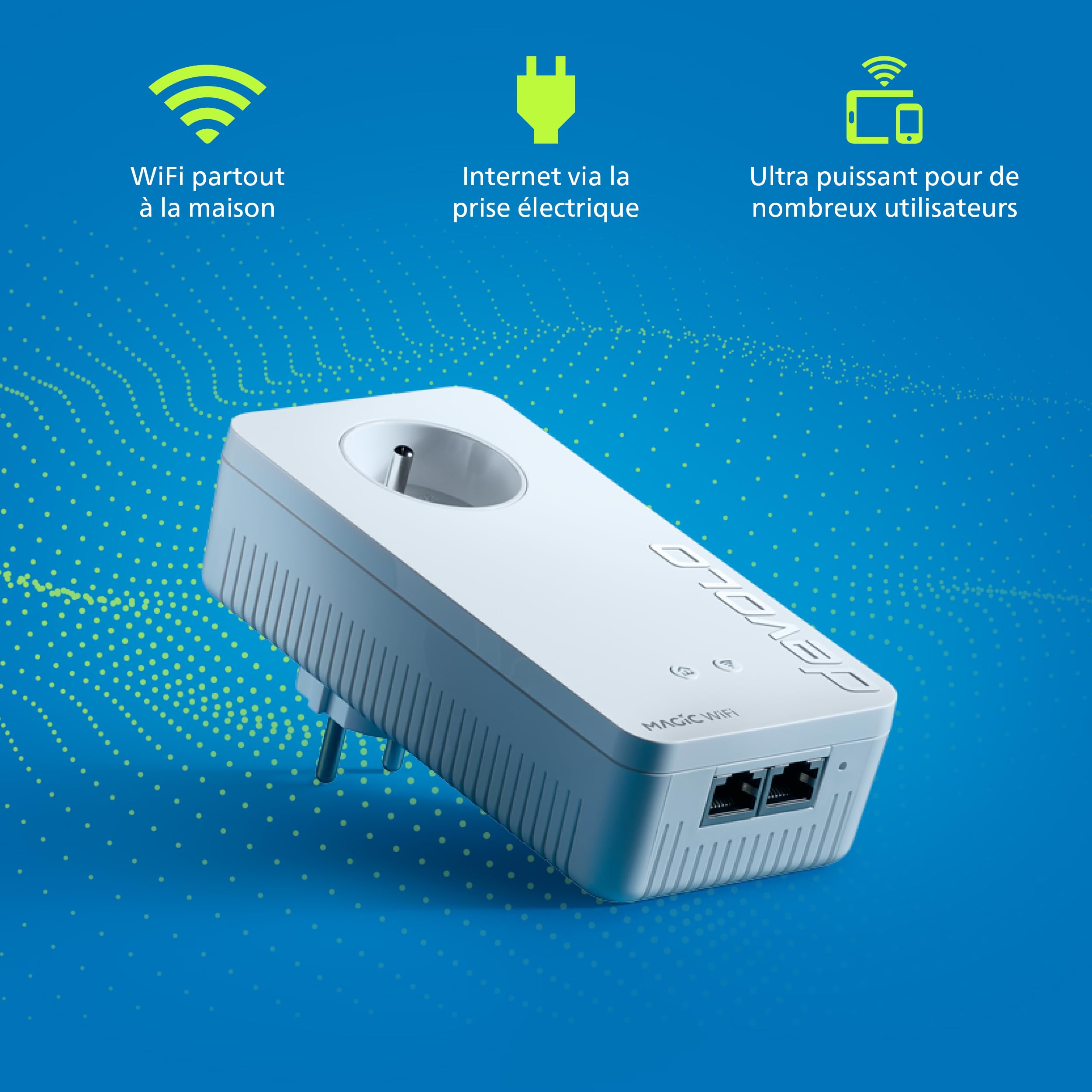 devolo Magic 1 WiFi 5 (ac) Adaptateur d'extension : 1x Adaptateur CPL WiFi, Prise Gigogne (1 200 Mbits, 2x Ports Fast Ethernet, Mesh), idéal télétravail, gaming, streaming, prise française