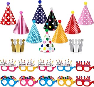 TaoBary 21 Pcs Kids Birthday Party Hats Set 10 Happy Birthday Glasses Paper Party Eyeglasses Frames Paper Party Hats Cone with Pom Poms for Birthday Party Decorations Supplies Photo Props