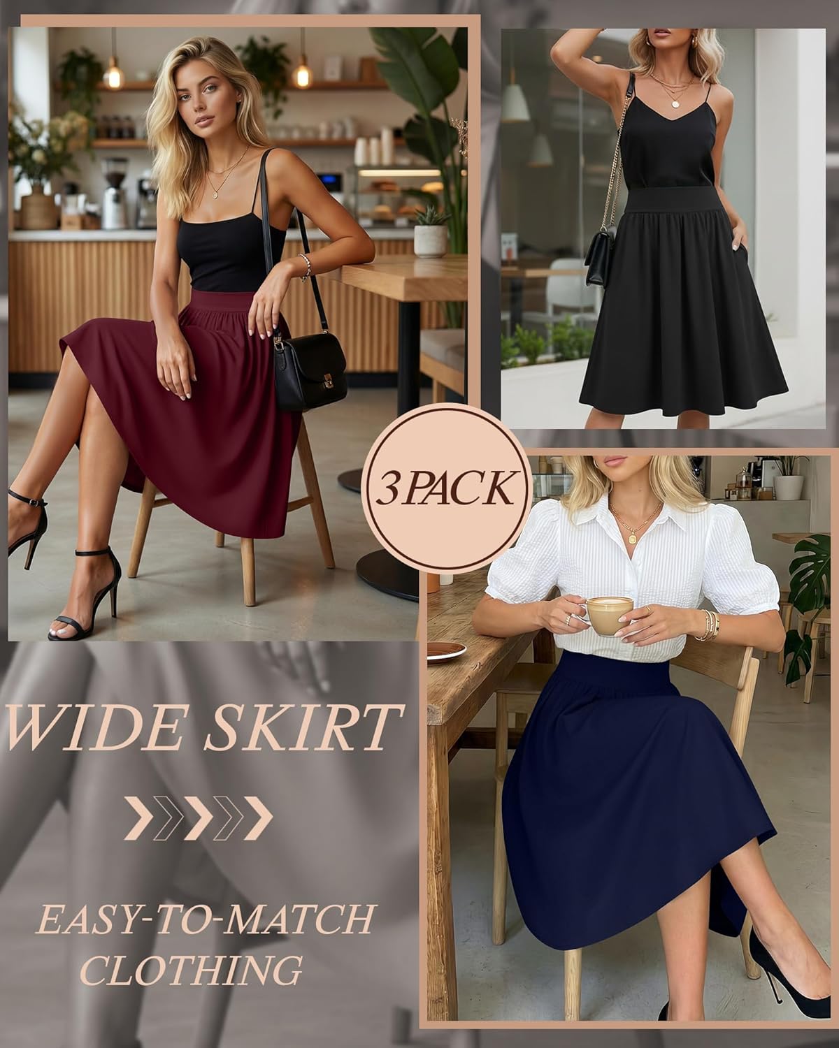 3 Pcs Womens Midi Skirts Knee Length with Pockets Casual High Waisted 2026 Trendy Summer Midi Skirt for Ladies - Image 2