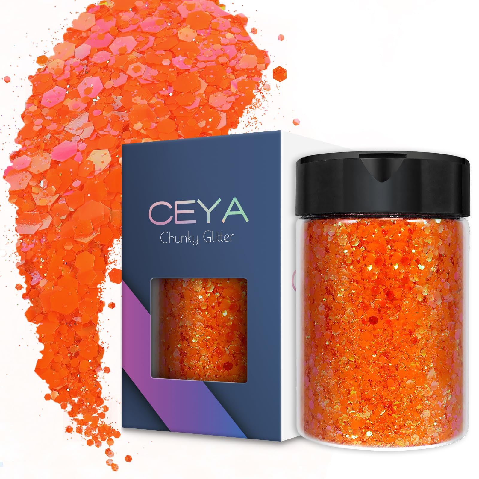 Ceya Chunky Glitter, 140 g, iridescent orange glitter powder, mixed fine flakes, Halloween glitter sequins for pumpkin crafts, nail art, hair, epoxy resin, cups, slime,