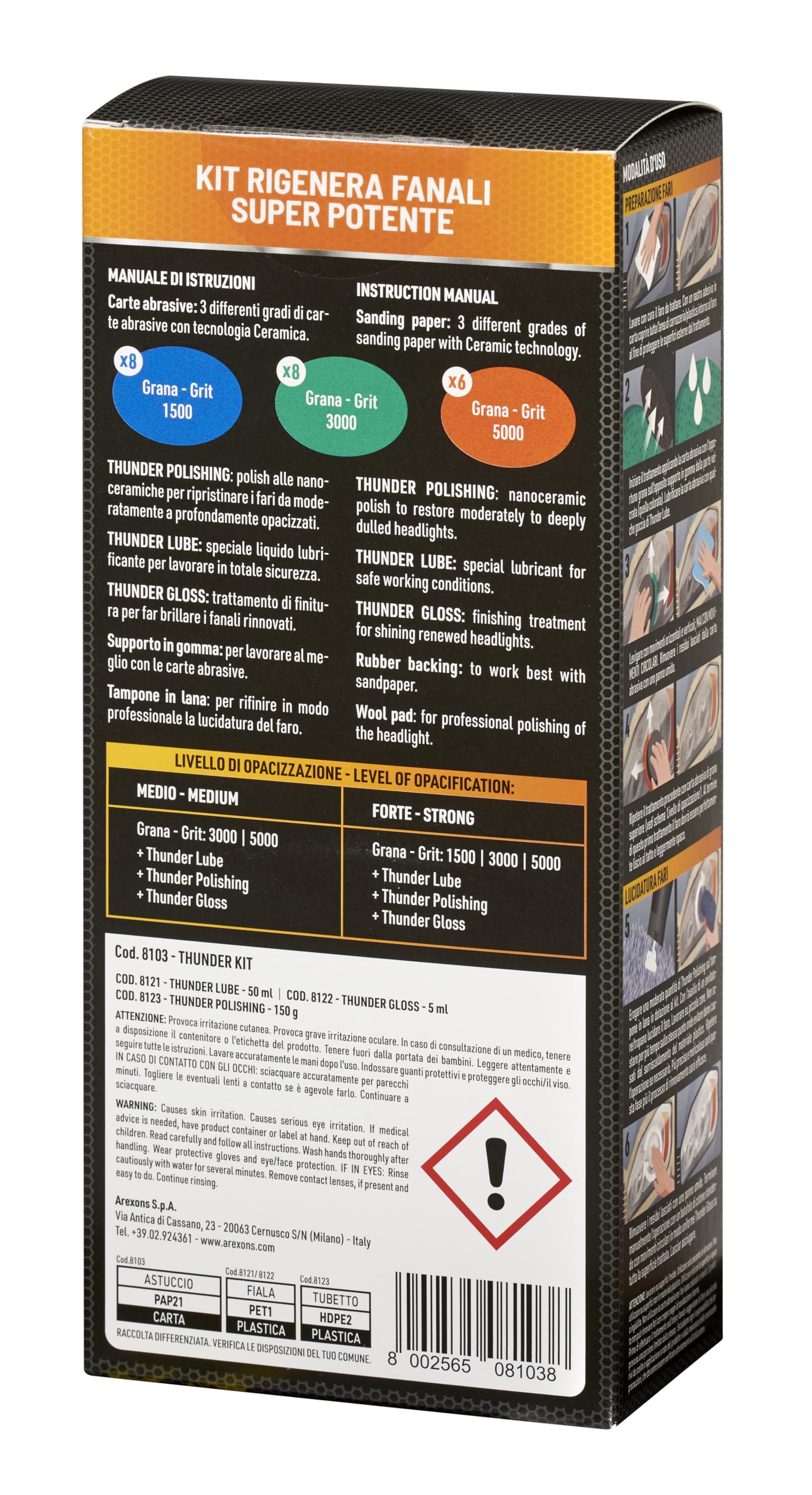 Arexons Car Care Pro THUNDER - Kit Ultra Lucidante Rinnova Fanali, Ripristina la Trasparenza dei Fari, Pasta alle Nano Ceramiche, Lubrificante, Liquido Lucidante e Carte Abrasive
