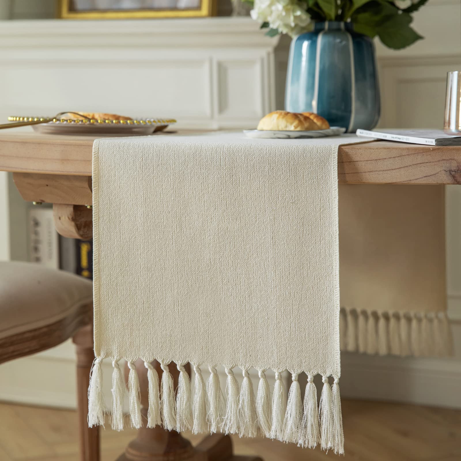 ZeeMart Cream Table Runners 36 Inches Long, Burlap Linen Style Rustic Farmhouse Table Runner, Small Short Boho Coffee Table Runner, 13x36 Inches,
