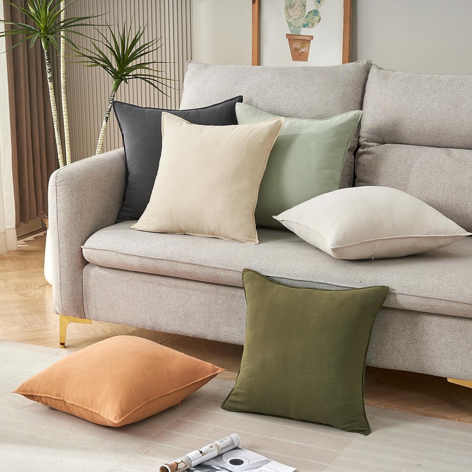 Decorative Pillow Covers Set of 2 50 x 50 cm Cotton Linen Cushion Covers with Hidden Zipper for Living Room Bedroom Sofa Olive Green
