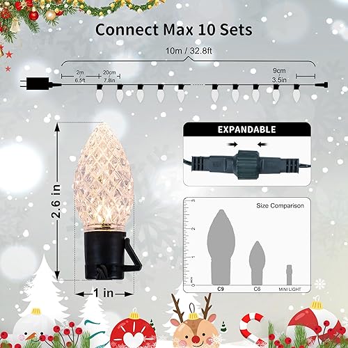Miniatura 3 de Pellimo C9 - Juego de 50 luces LED blancas de Navidad de 33 pies para interiores y exteriores, luces de Navidad para jardín, patio, fiesta,