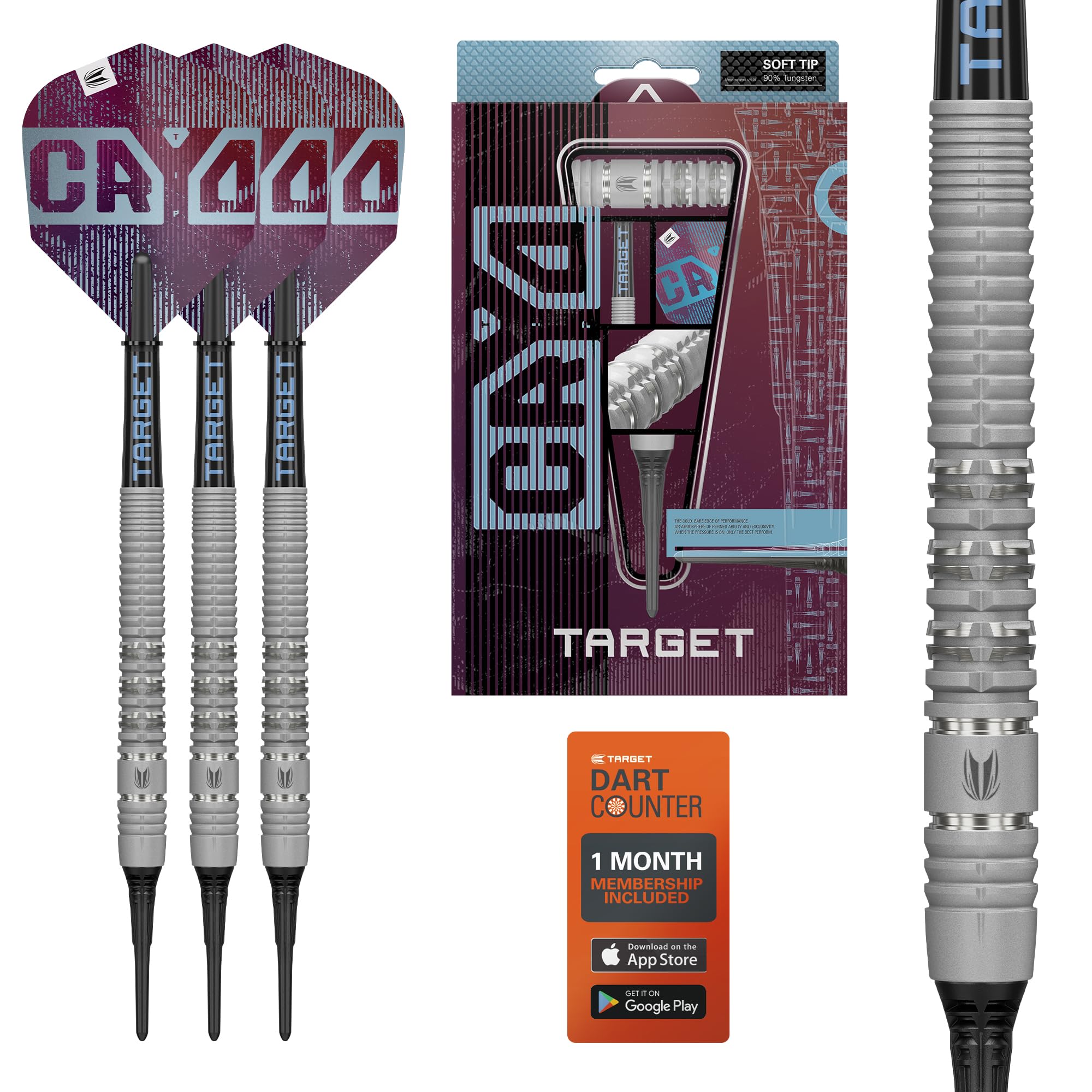 Target Darts Cryo Punta Morbida Frecette Set, Barrels 11/12/13 – 18G/19G/20G/21G | 90% Tungsteno Barrel, Cryo Tips, PRO Grip Tag Alberi & N. 6 Voli, Claret Viola & Blu Design