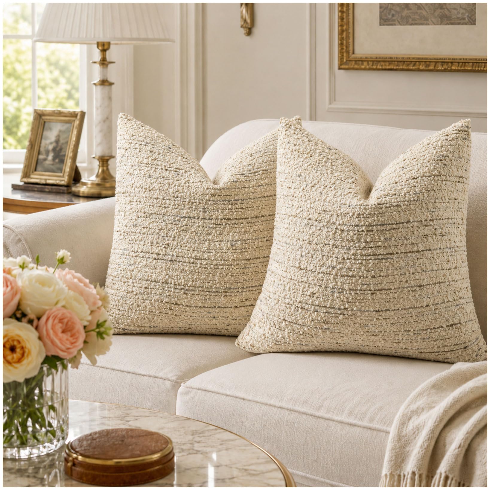 Zealax Textured Boucle Pillow Covers 20x20 Neutral Throw Decorative Pillow Covers for Bed Couch, Luxury Accent Pillow Cases Square Cushion Covers Set of 2, Cream