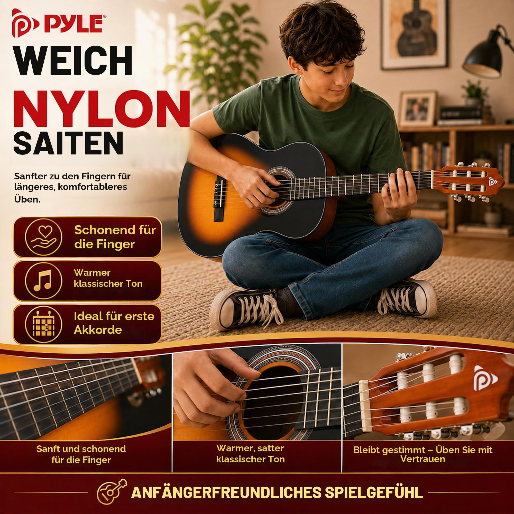 Pyle Konzertgitarre, Rechtshändig, 3/4 Größe, Sunburst