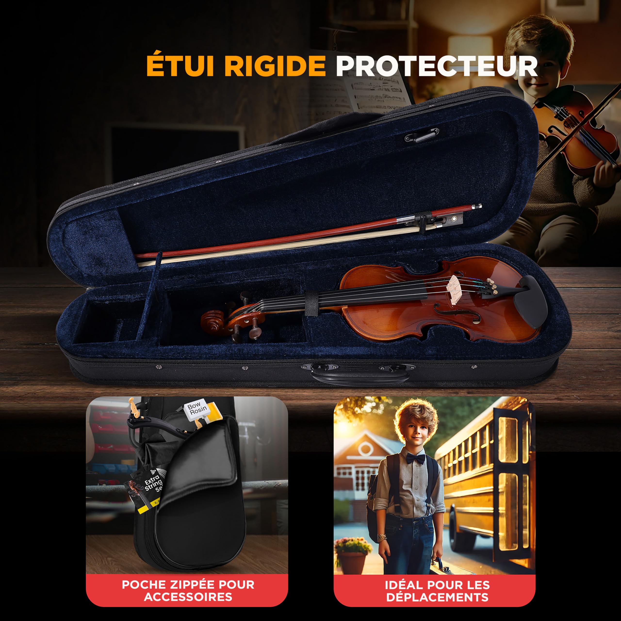 Pyle Kit de Démarrage pour Violon Débutant Taille1/2, Violon Enfant/Adulte,Ensemble de Départ avec Étui de Transport, Cordes de Rechange, Accordeur Numérique, Repose-Épaule et Chiffon de Nettoyage