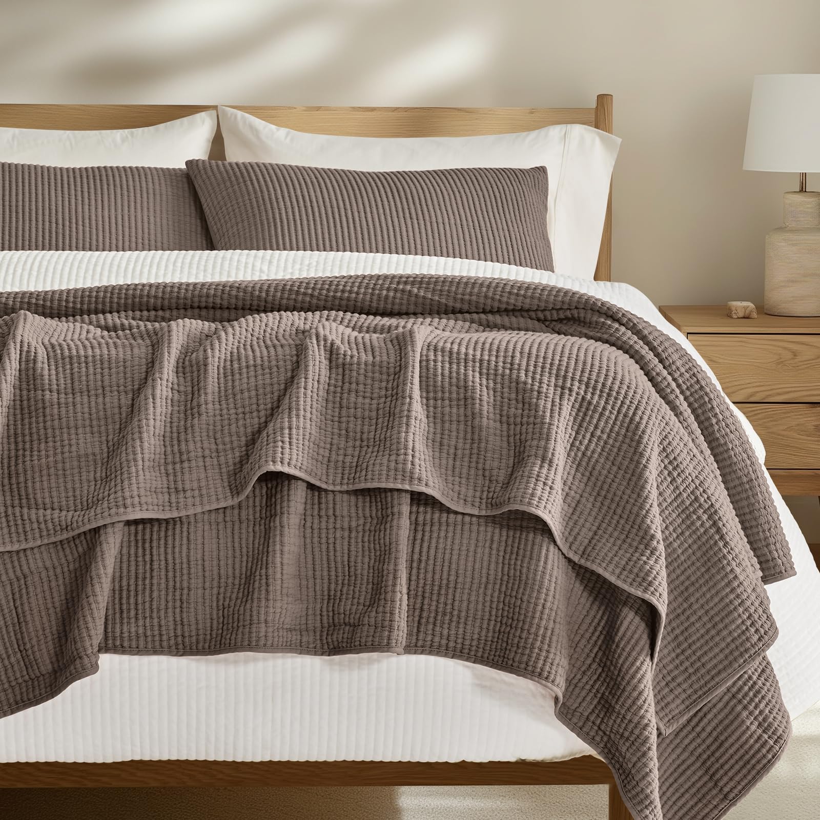 EverGrace Cotton Ribbed Matelassé Coverlet Set, King Size, Mocha Brown