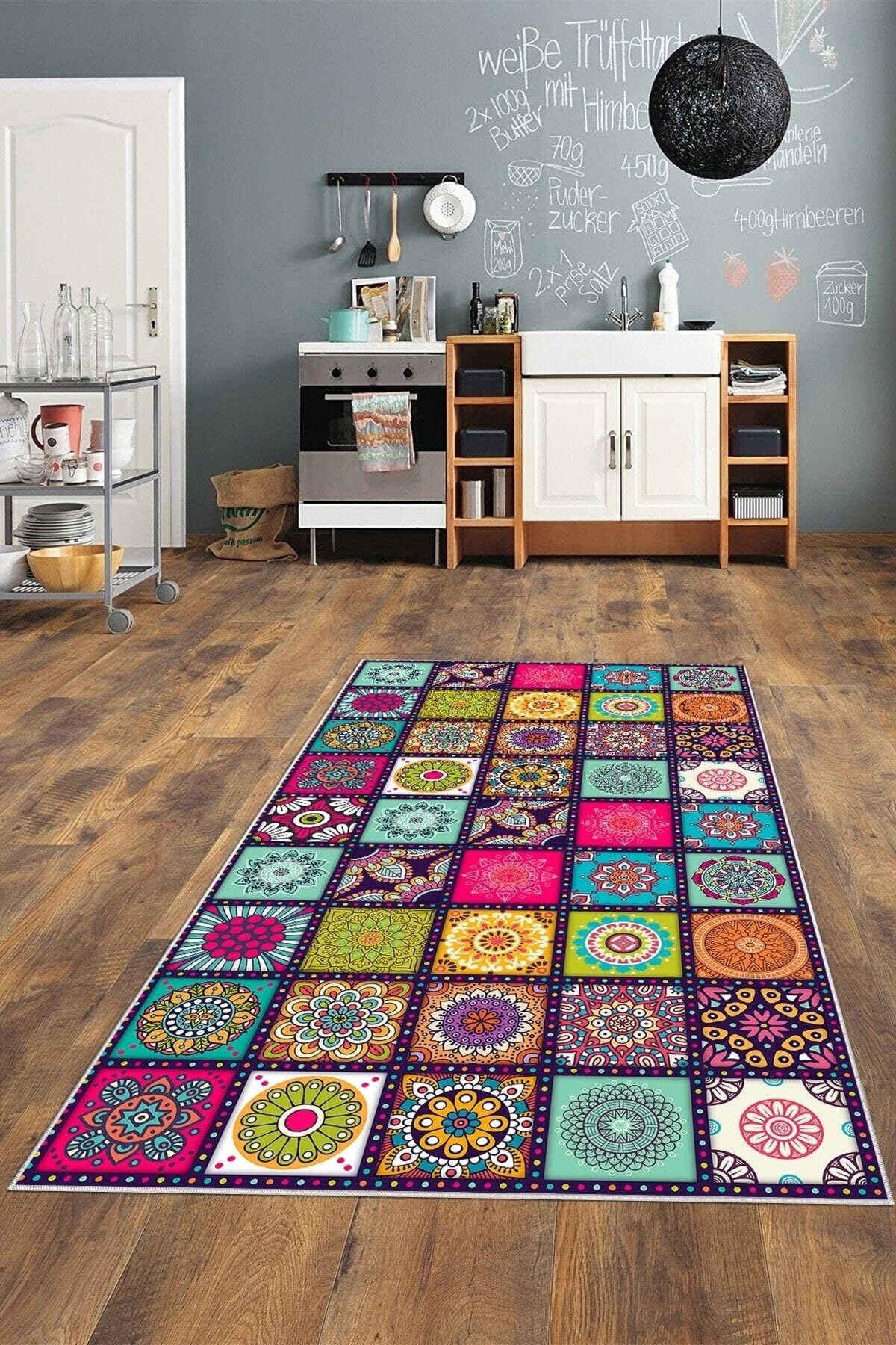 Pelangi Çok Renkli Geometrik Karo Desenli Yıkanabilir Kaymaz Taban Leke Tutmaz Modern Salon Halı Ve Yolluk, Karışık Renkli 80 x 400